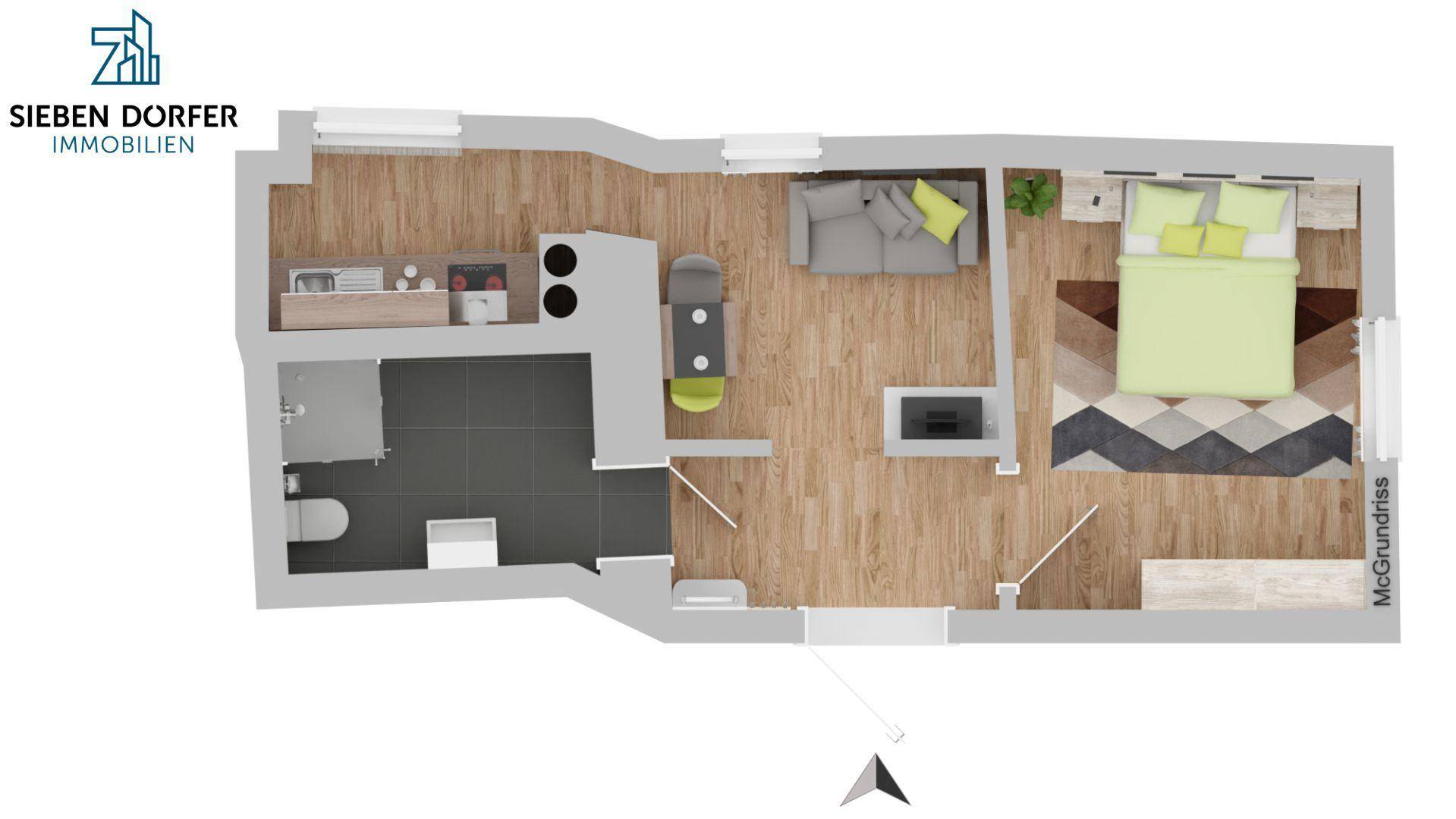 Grundriss einer Wohnung mit offenem Wohnbereich, Schlafzimmer und Bad.