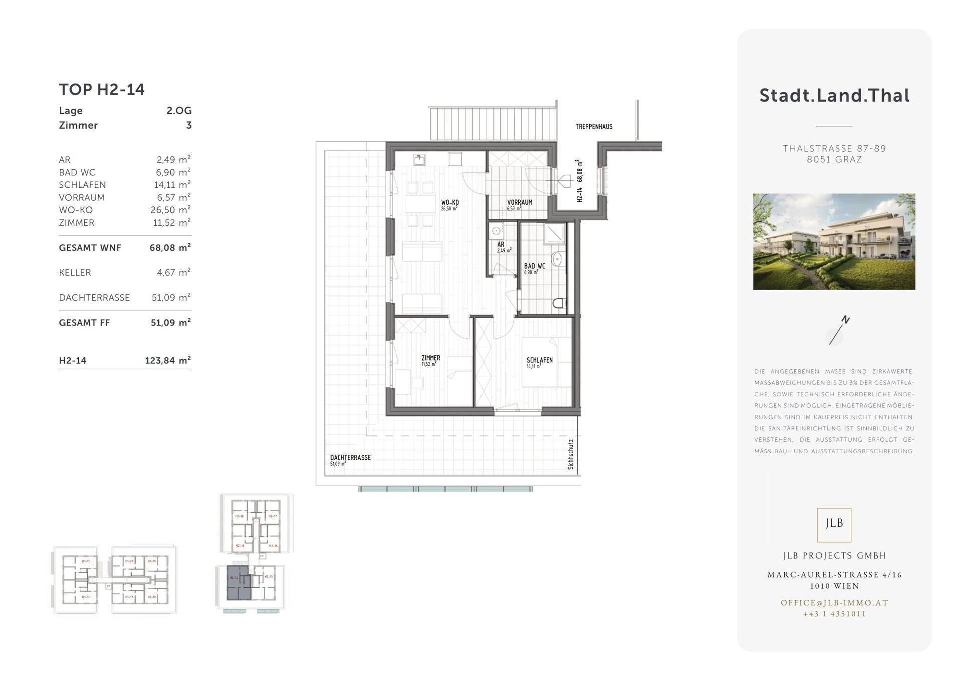 Detaillierter Grundriss der Wohnung H2-14 mit Dachterrasse und klarer Raumaufteilung.