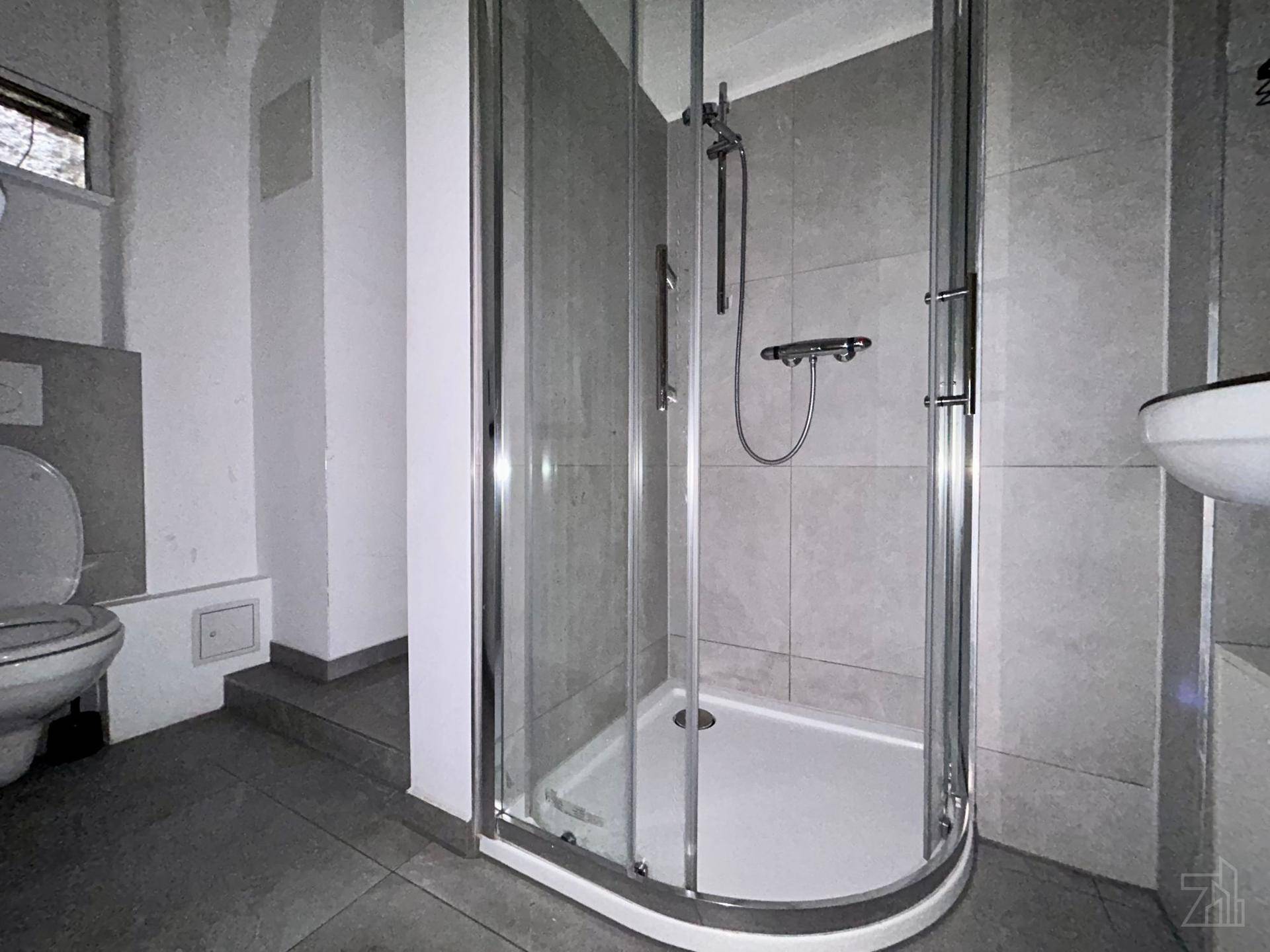 Modernes Badezimmer mit Duschkabine, WC und Waschbecken in Grautönen.