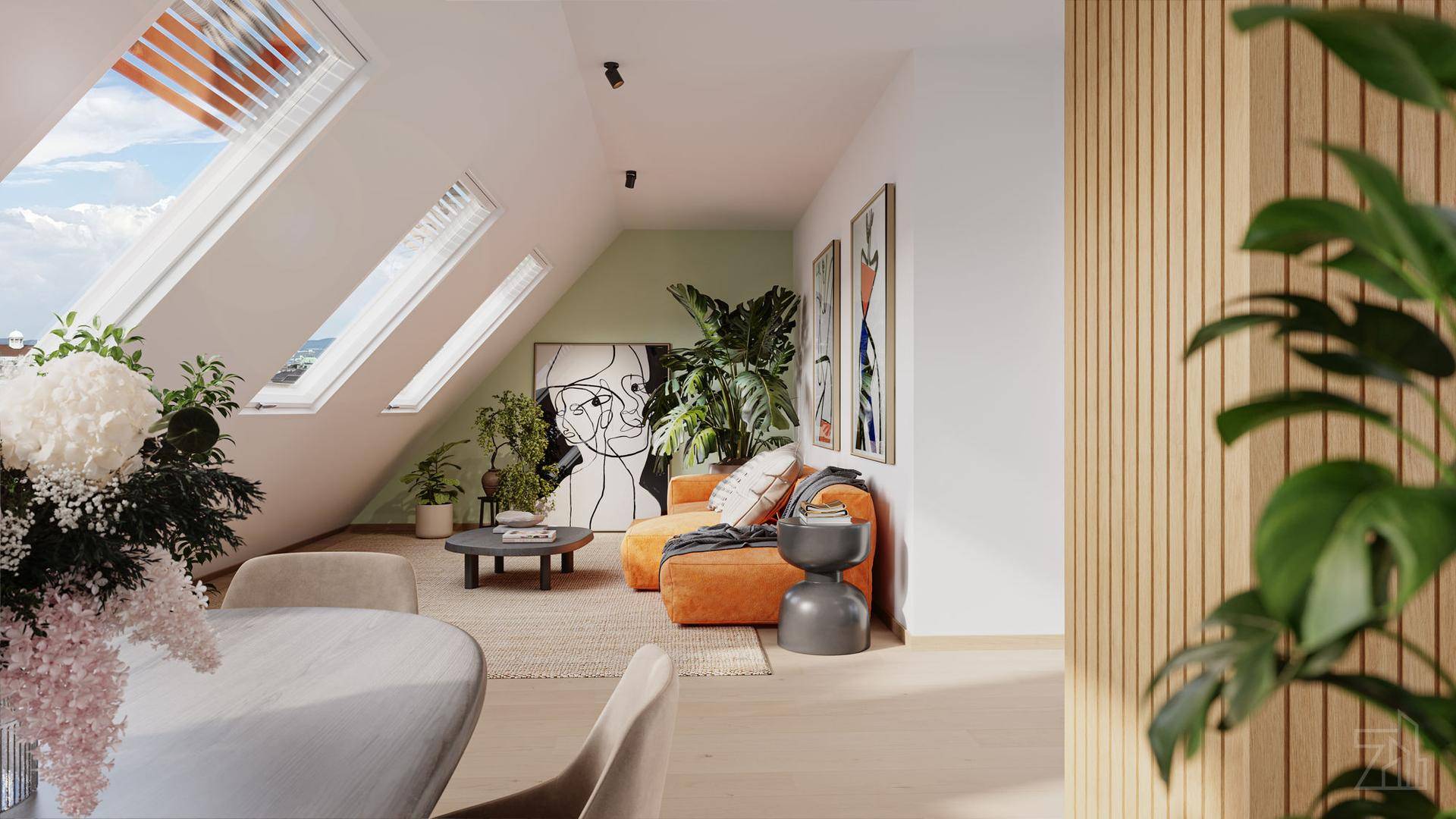 Helles Wohnzimmer im Dachgeschoss mit schrägen Wänden, Dachfenstern und moderner Einrichtung.