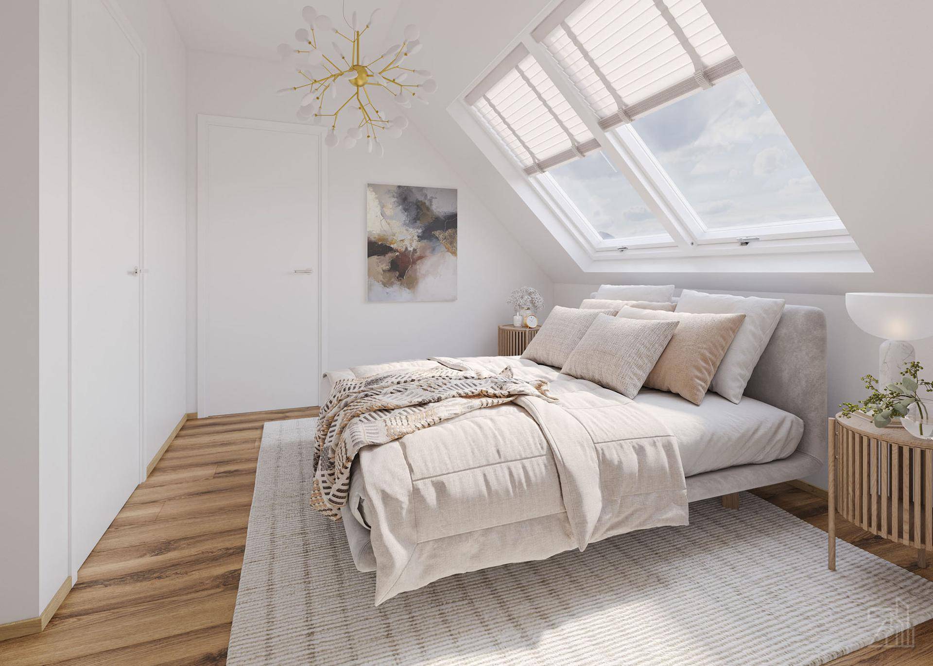 Gemütliches Schlafzimmer im Dachgeschoss mit Dachfenstern, hellem Holzboden und Einbauschränken.
