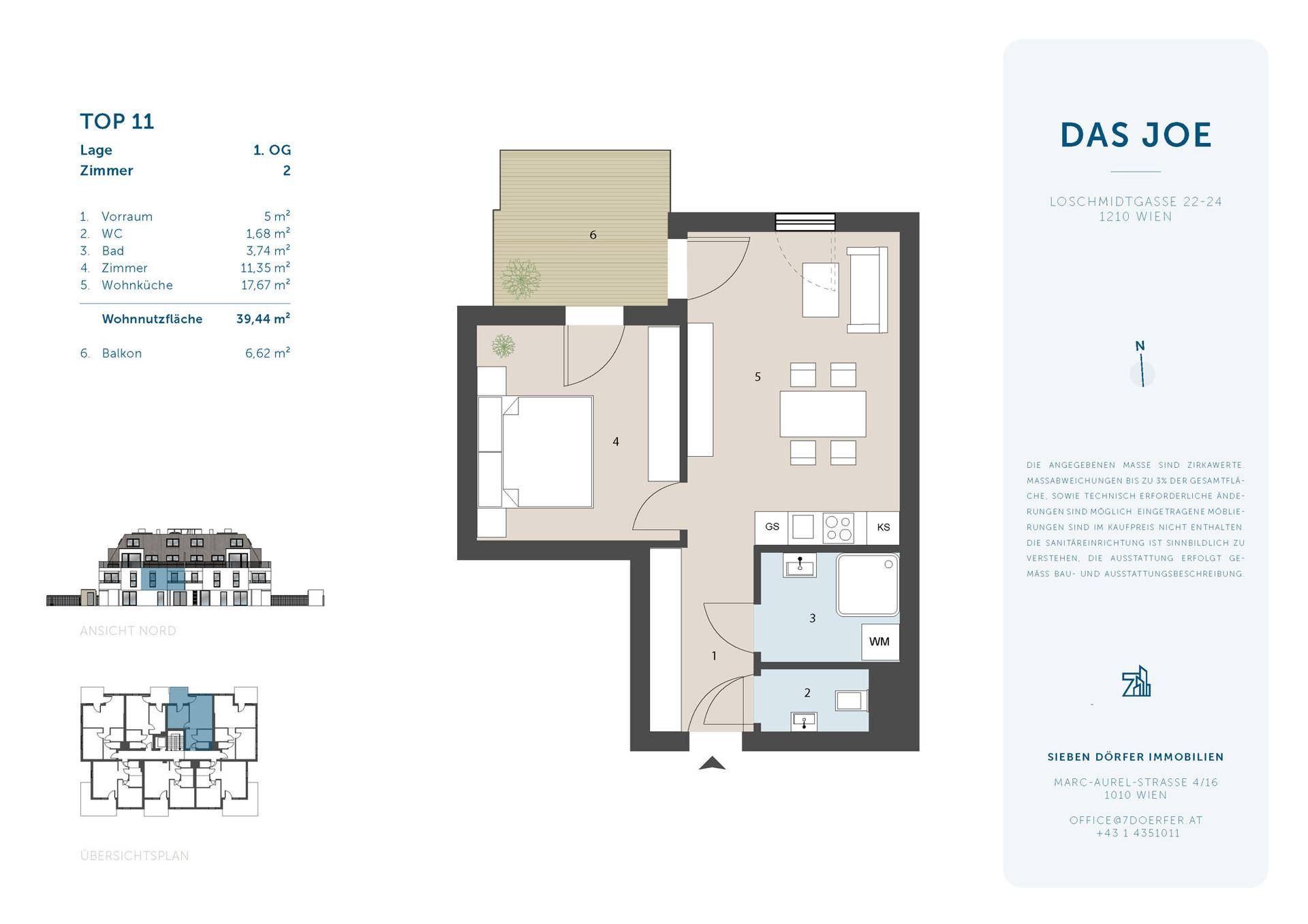 Grundriss einer Wohnung mit Balkon, separatem WC und offenem Wohnbereich.