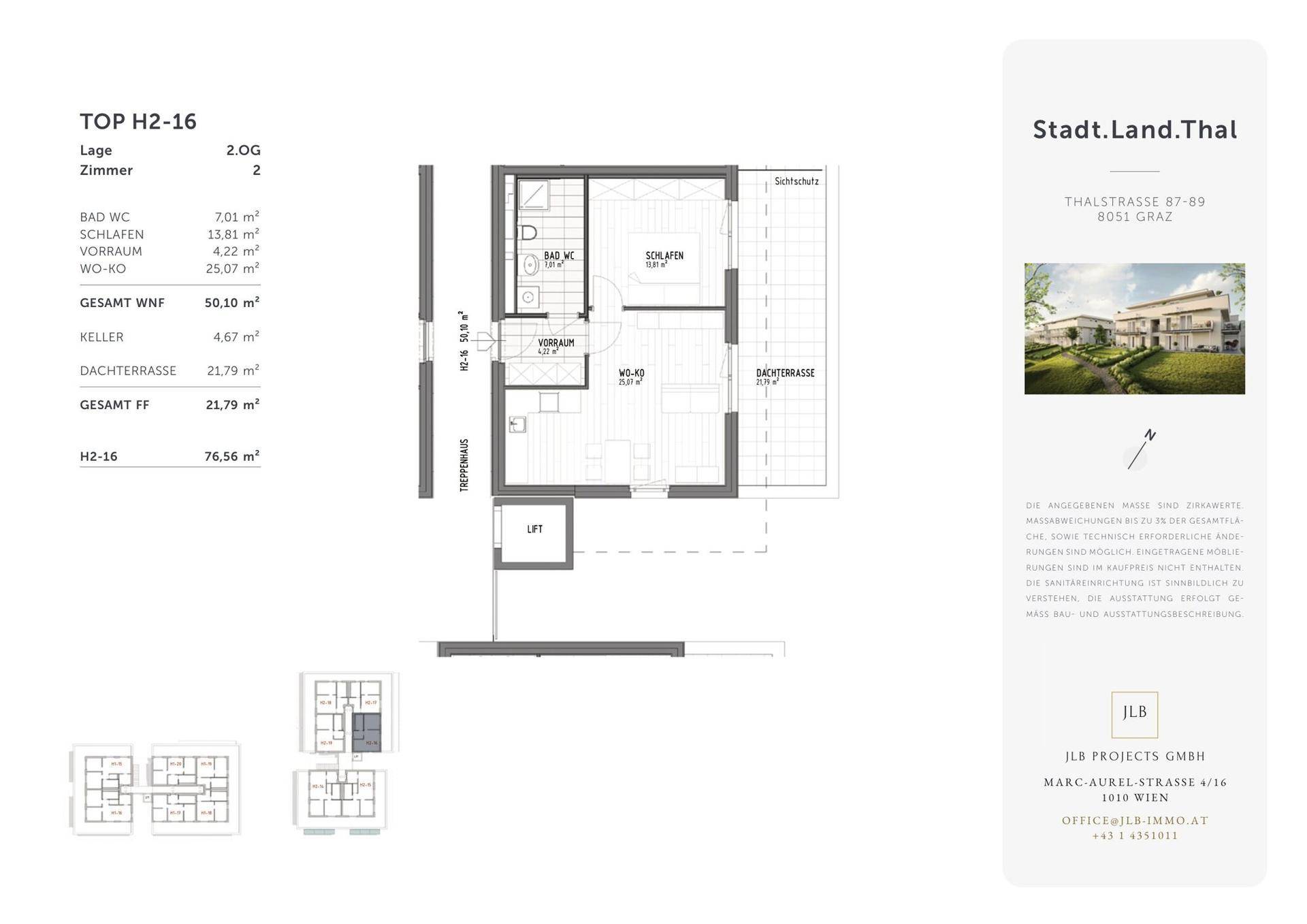 Detaillierter Grundriss einer Wohnung mit Dachterrasse und Liftzugang.