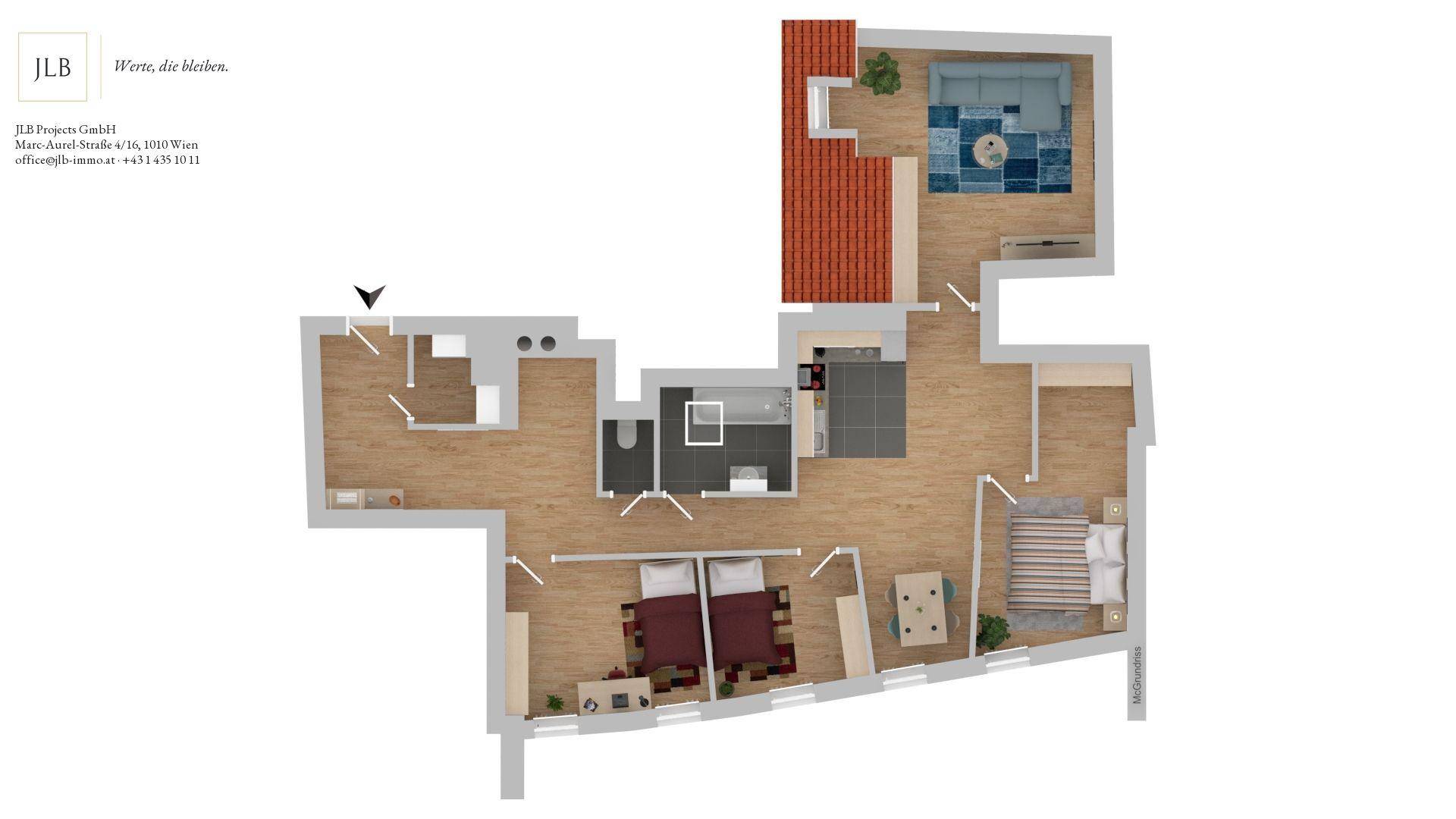 Grundriss einer Wohnung mit drei Schlafzimmern, offenem Wohnbereich, Küche und zwei Badezimmern.