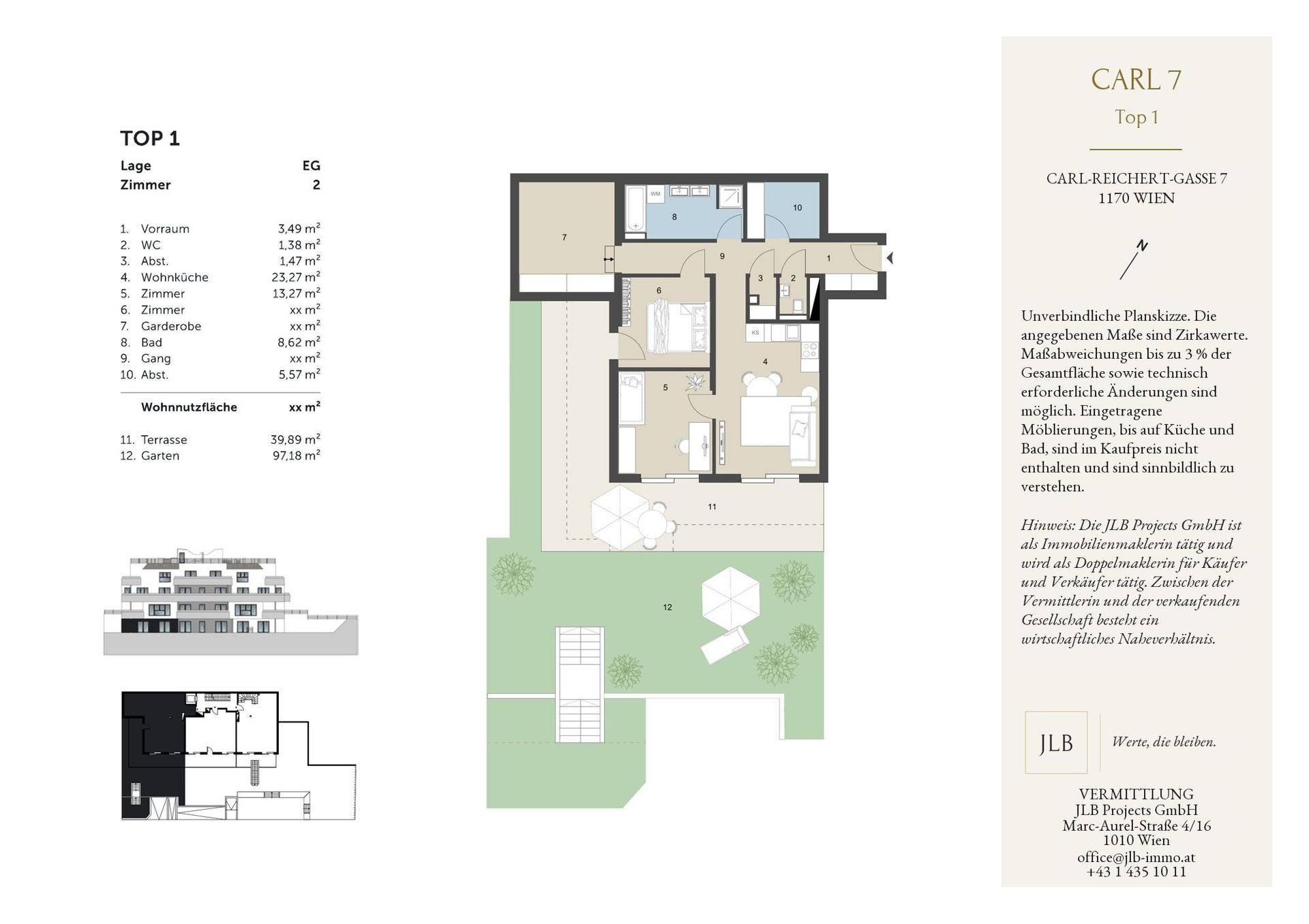 Detaillierter Grundriss einer Erdgeschosswohnung mit offener Wohnküche, Terrasse und großem Garten.