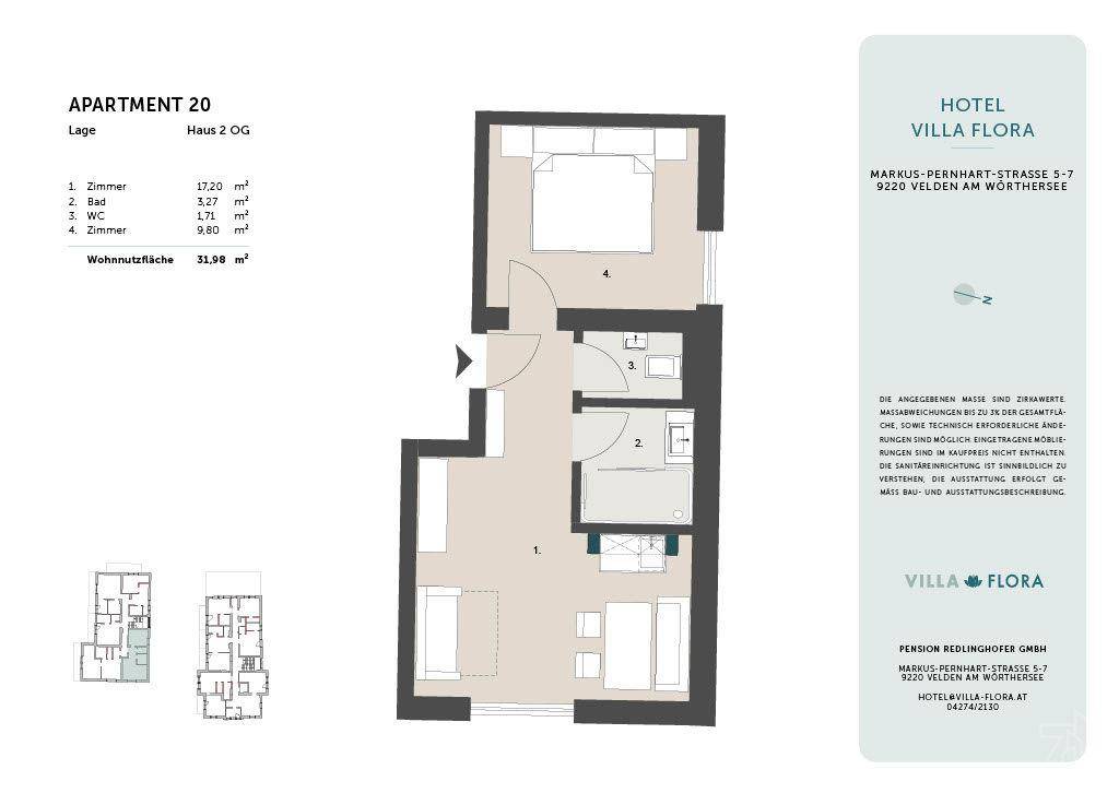 Grundriss der Wohnung 20 mit zwei Schlafzimmern, Bad und separatem WC, sowie Wohnfläche von 31,98 m².