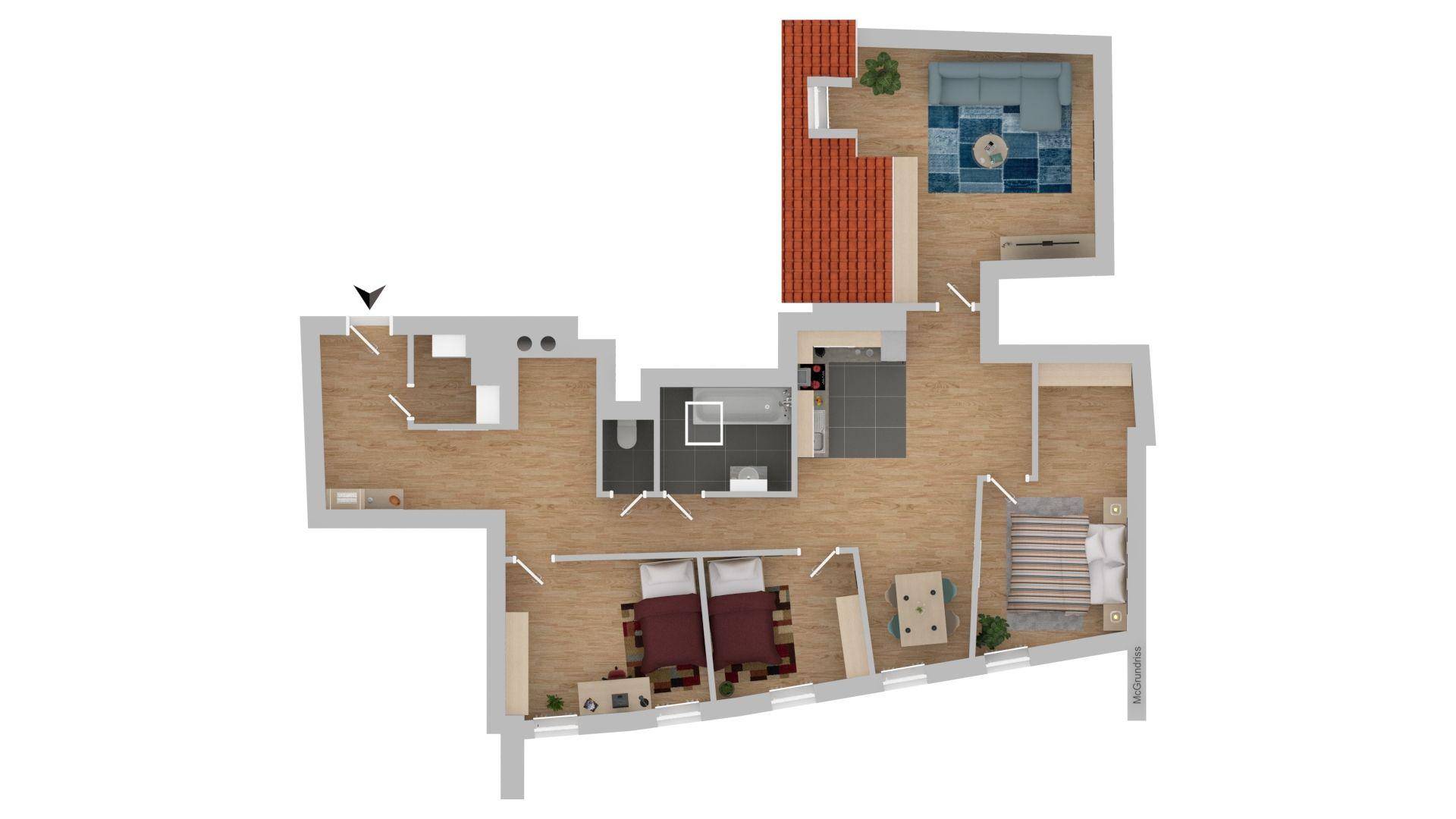 3D-Grundriss einer Wohnung mit Schlafzimmern, Bad und Wohnbereich im Dachgeschoss.