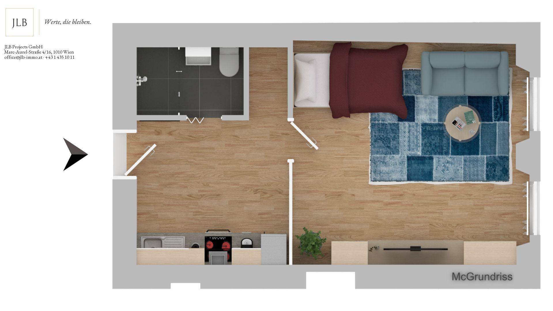 Grundriss einer Studio-Wohnung mit offenem Wohn-/Schlafbereich, integrierter Küche und Badezimmer.