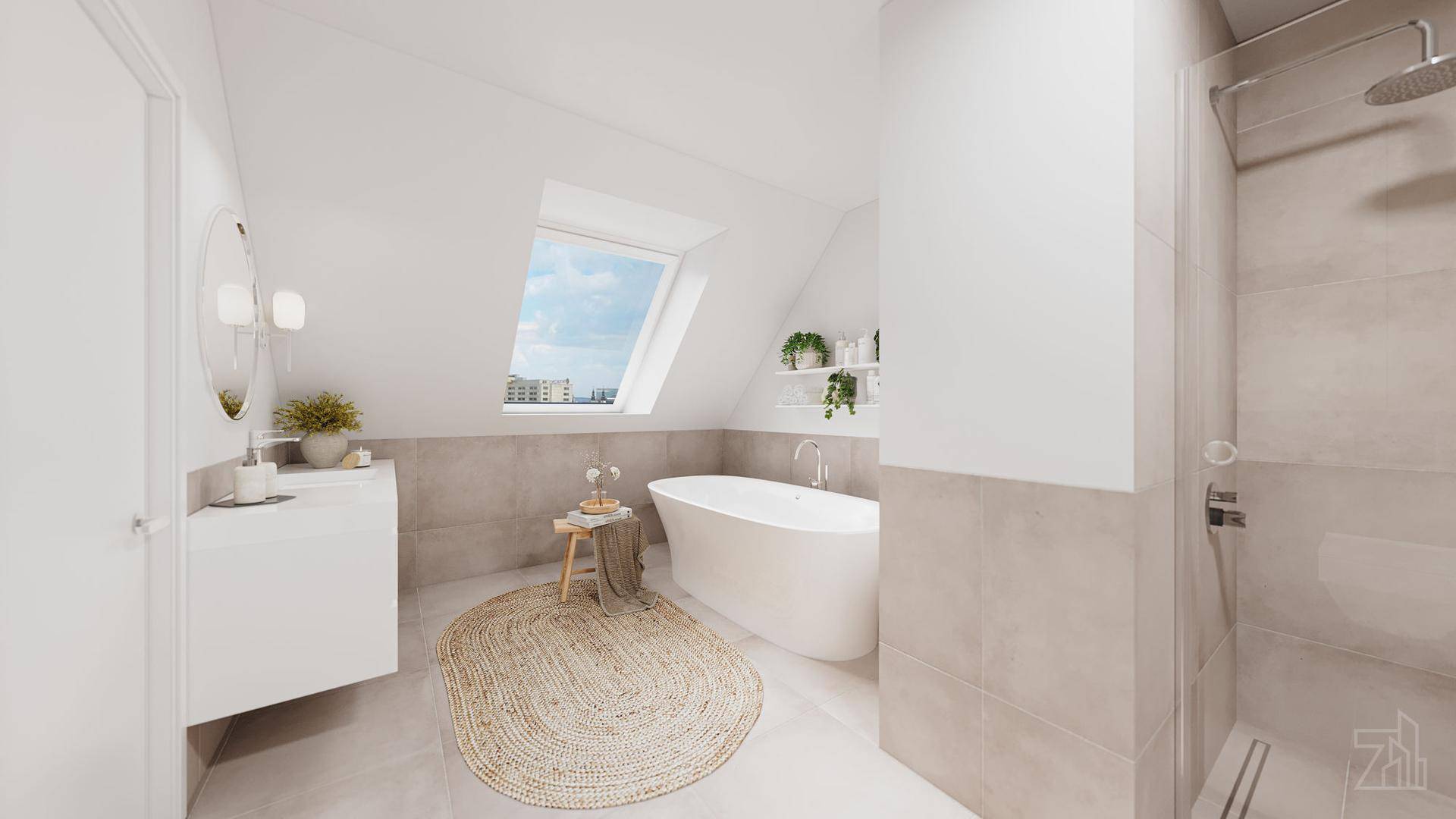 Modernes Badezimmer mit freistehender Badewanne, Dusche, Dachfenster und hellen Fliesen.