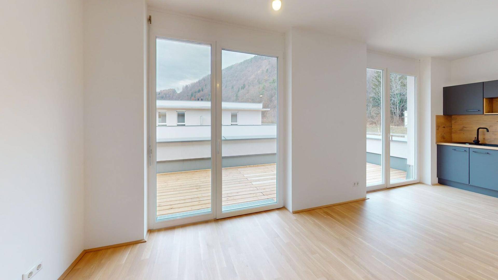 Offener Wohnbereich mit integrierter Küche, Parkettboden und direktem Zugang zur Terrasse.