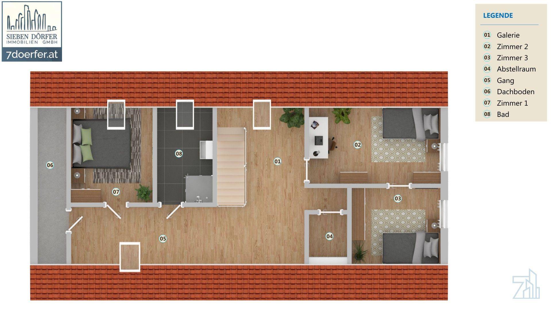 3D-Grundriss des Dachgeschosses mit mehreren Zimmern und Dachschrägen.