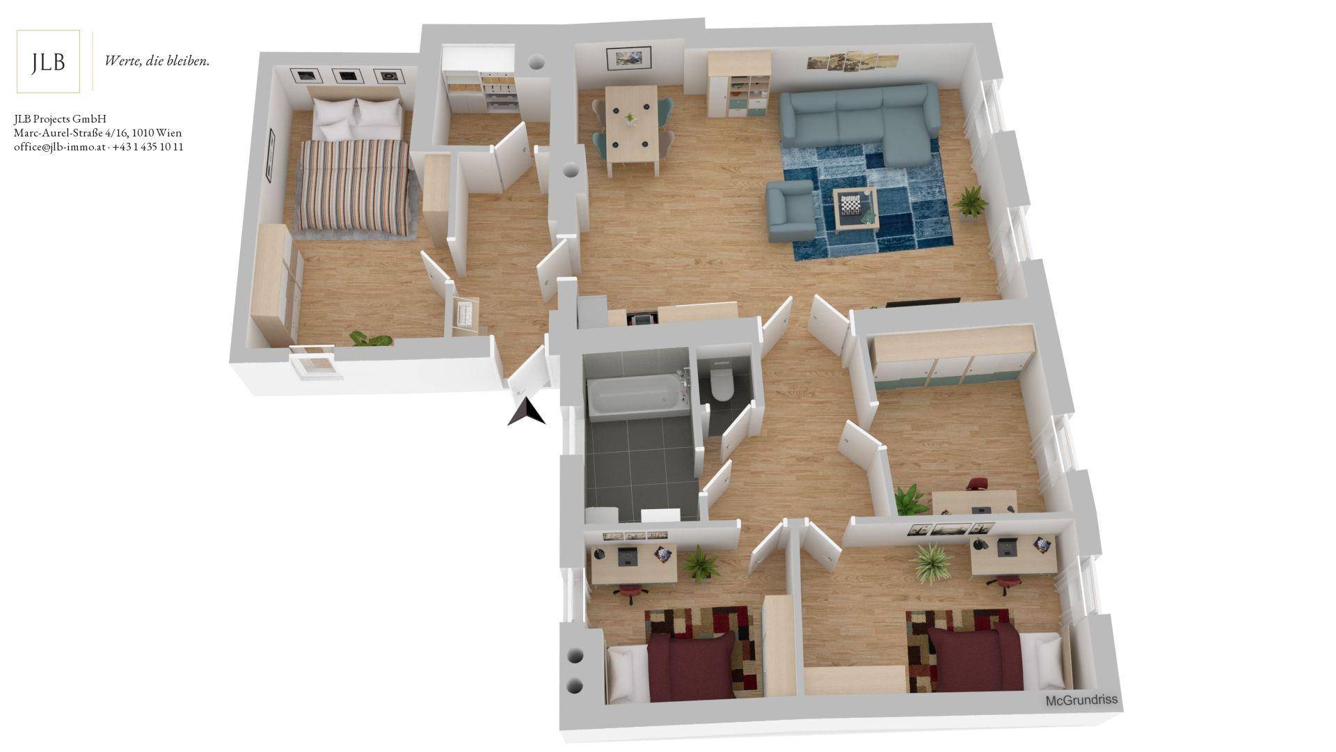 Geräumiger Grundriss einer Wohnung mit drei Schlafzimmern, offenem Wohn-/Essbereich und zwei Badezimmern.