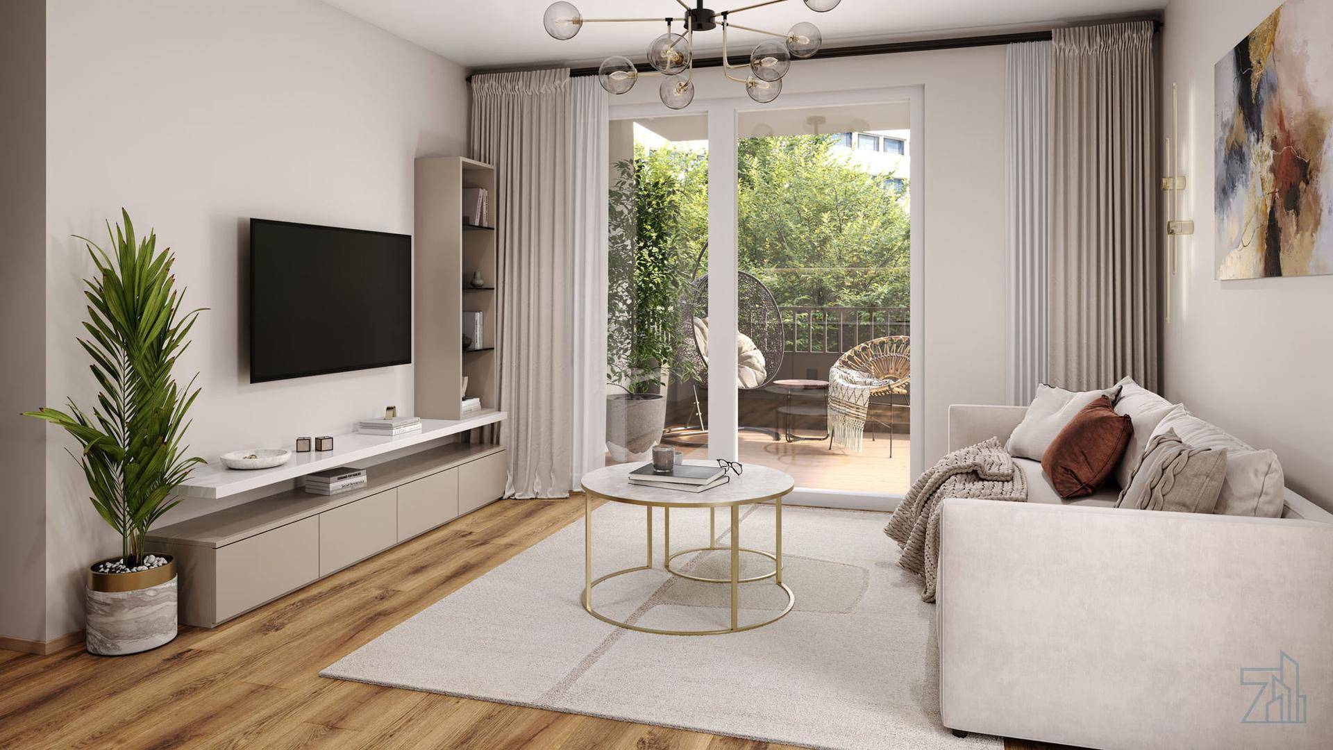 Gemütliches Wohnzimmer mit Holzboden, Fernseher und Zugang zu einem Balkon.