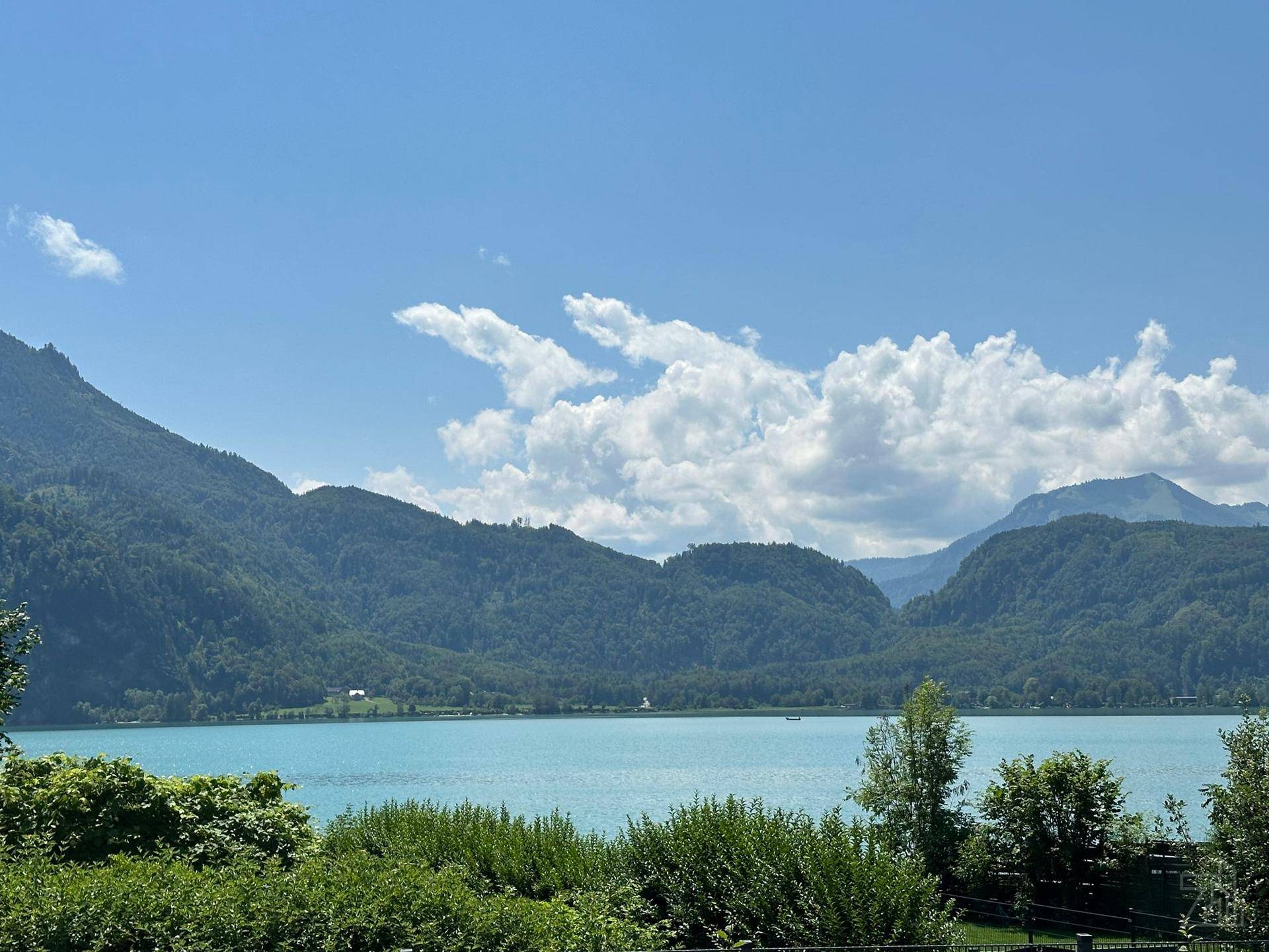 Weitläufiger Blick auf den ruhigen See, umgeben von bewaldeten Bergen unter einem blauen Himmel.