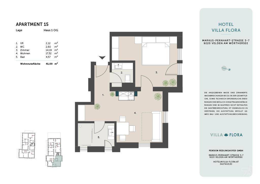 Grundriss der Wohnung 15 mit Schlafzimmer, Wohnbereich und Balkon.