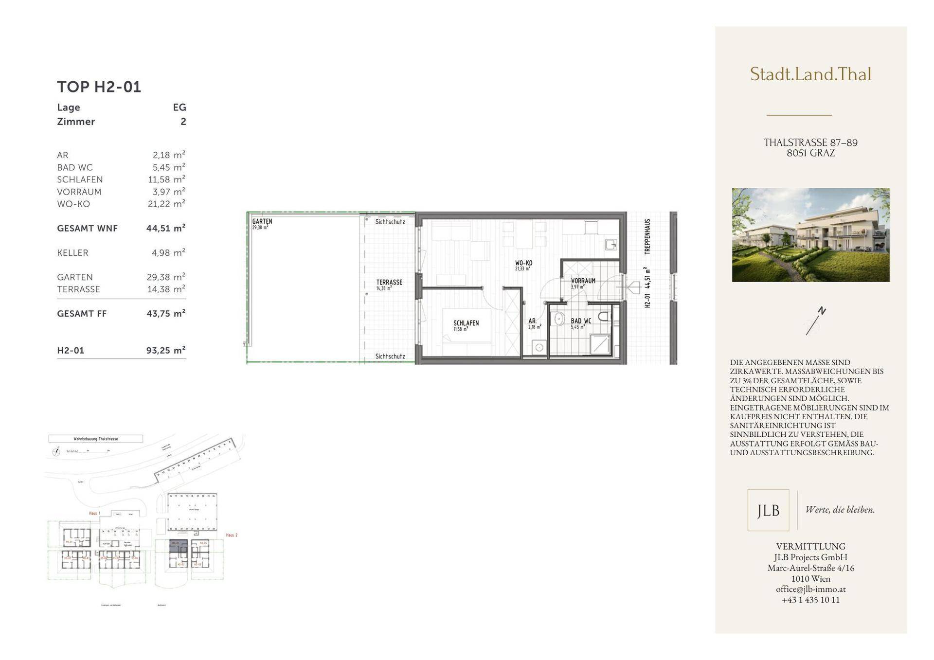 Grundrissplan der Erdgeschosswohnung mit Schlafzimmer, Wohnküche, Bad, WC, Abstellraum, Terrasse und Garten.