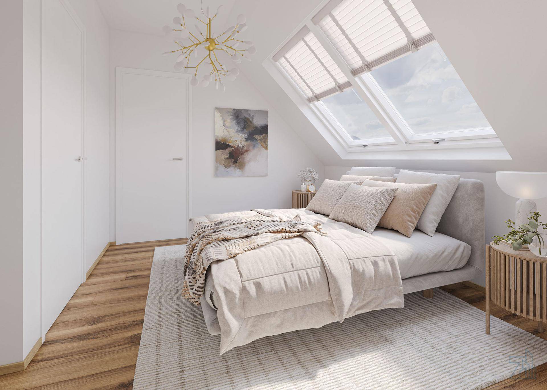 Gemütliches Schlafzimmer im Dachgeschoss mit Dachfenstern und Holzboden.