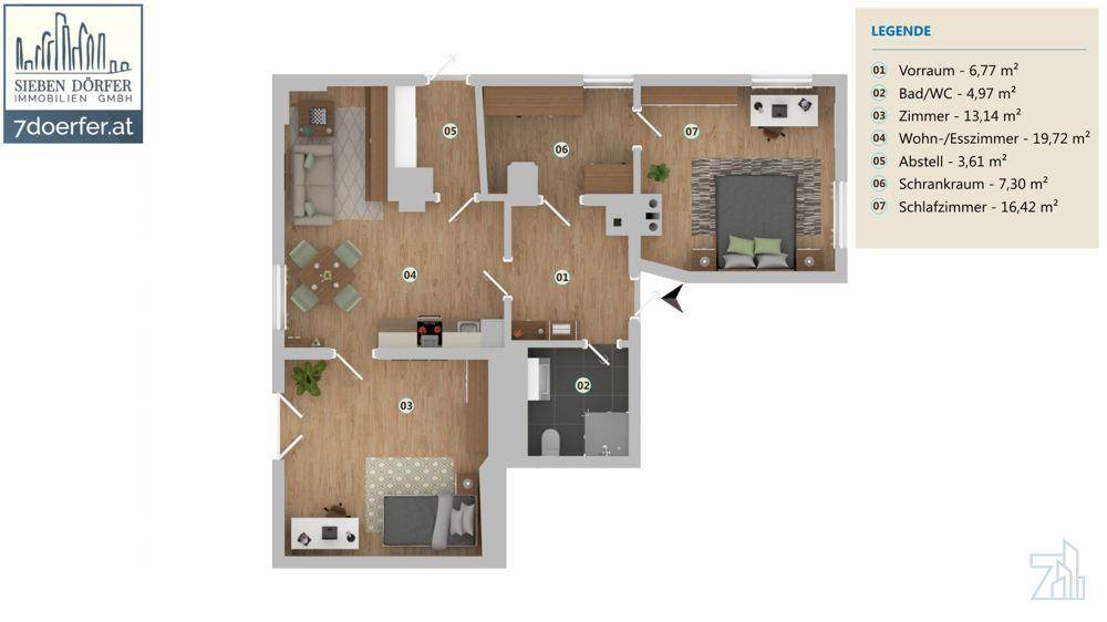 Anschaulicher 3D-Grundriss einer Wohnung mit Schlafzimmern und offenem Wohnbereich.