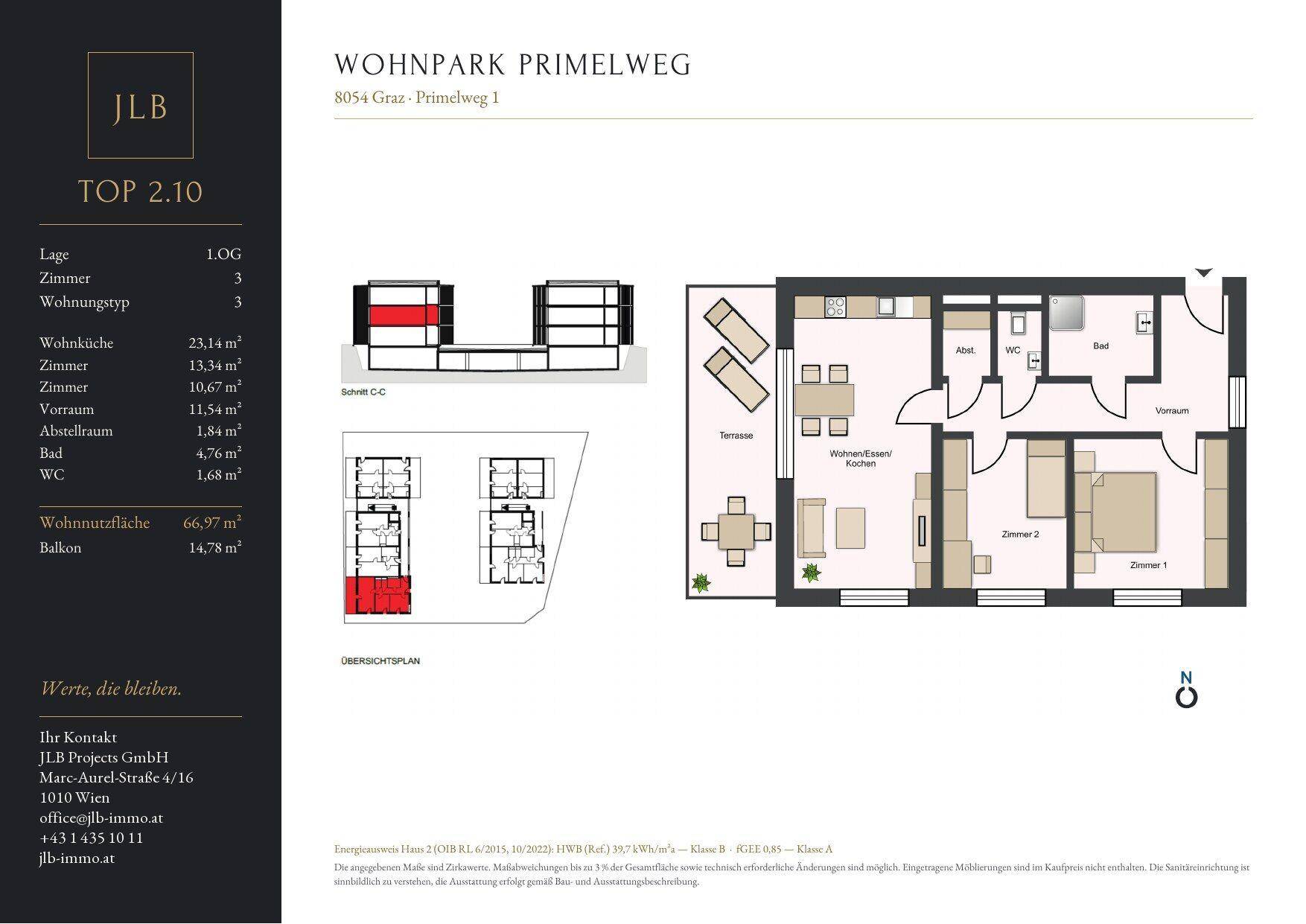 Grundriss einer modernen 3-Zimmer-Wohnung mit offenem Wohn-/Essbereich, zwei Schlafzimmern, Bad, separatem WC und großer Terrasse.