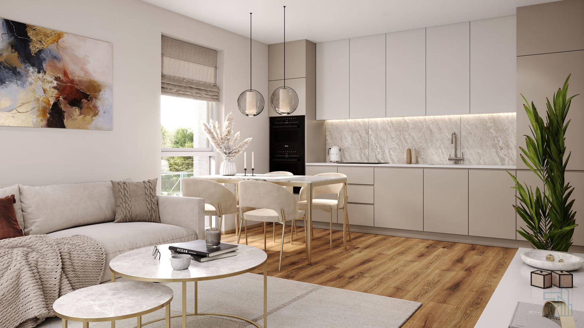 Eleganter offener Wohn- und Essbereich mit moderner Küche und Marmor-Arbeitsplatte.