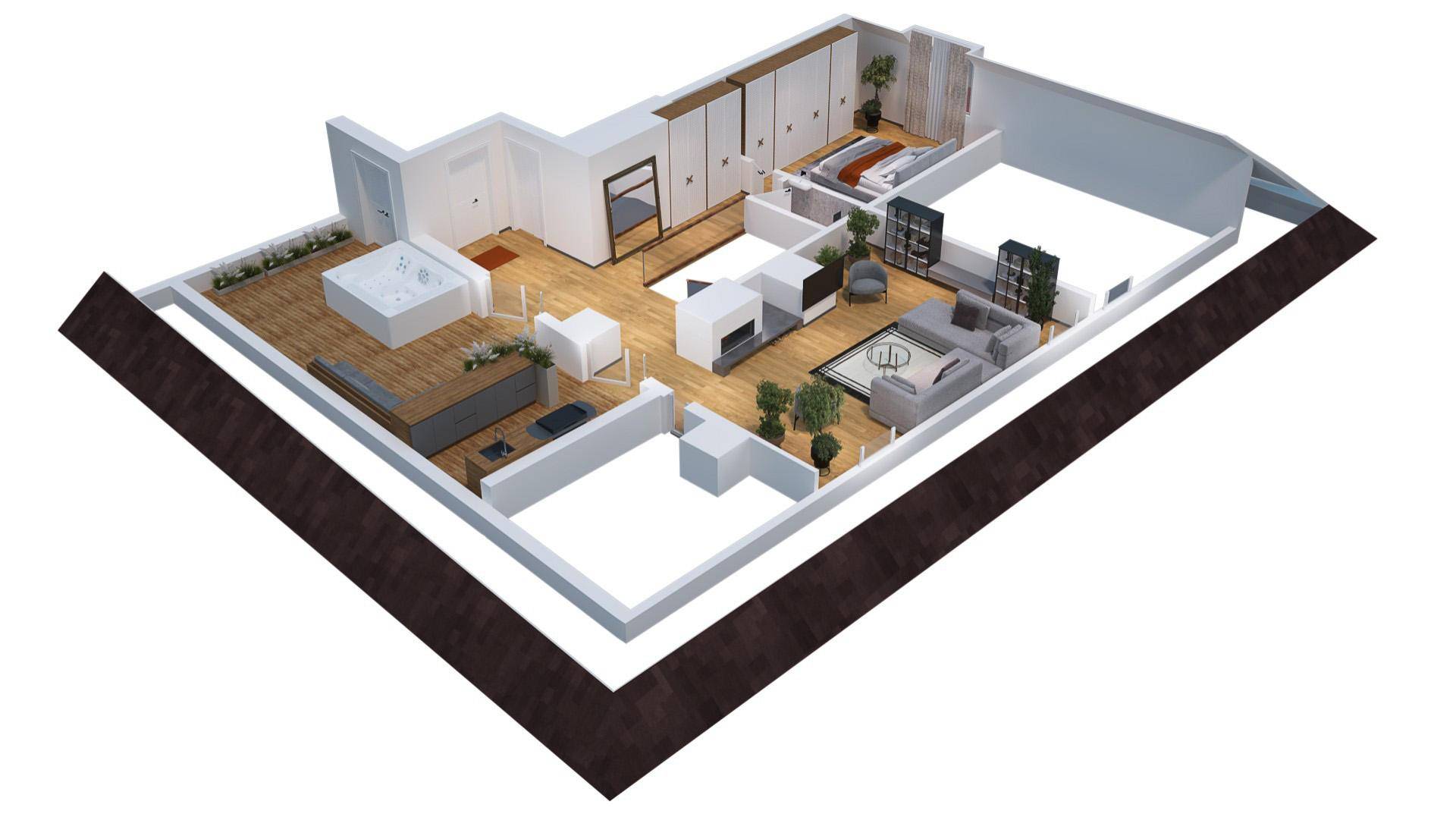 Perspektivischer 3D-Grundriss einer modernen Wohnung mit offener Raumgestaltung.