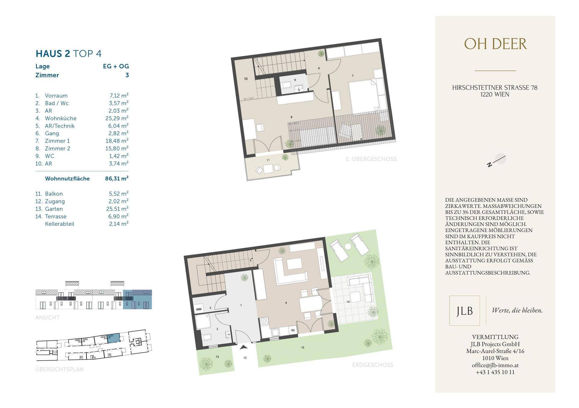 Detaillierter Grundriss einer zweistöckigen Wohnung mit offenem Wohnbereich, Garten, Terrasse und Balkon.