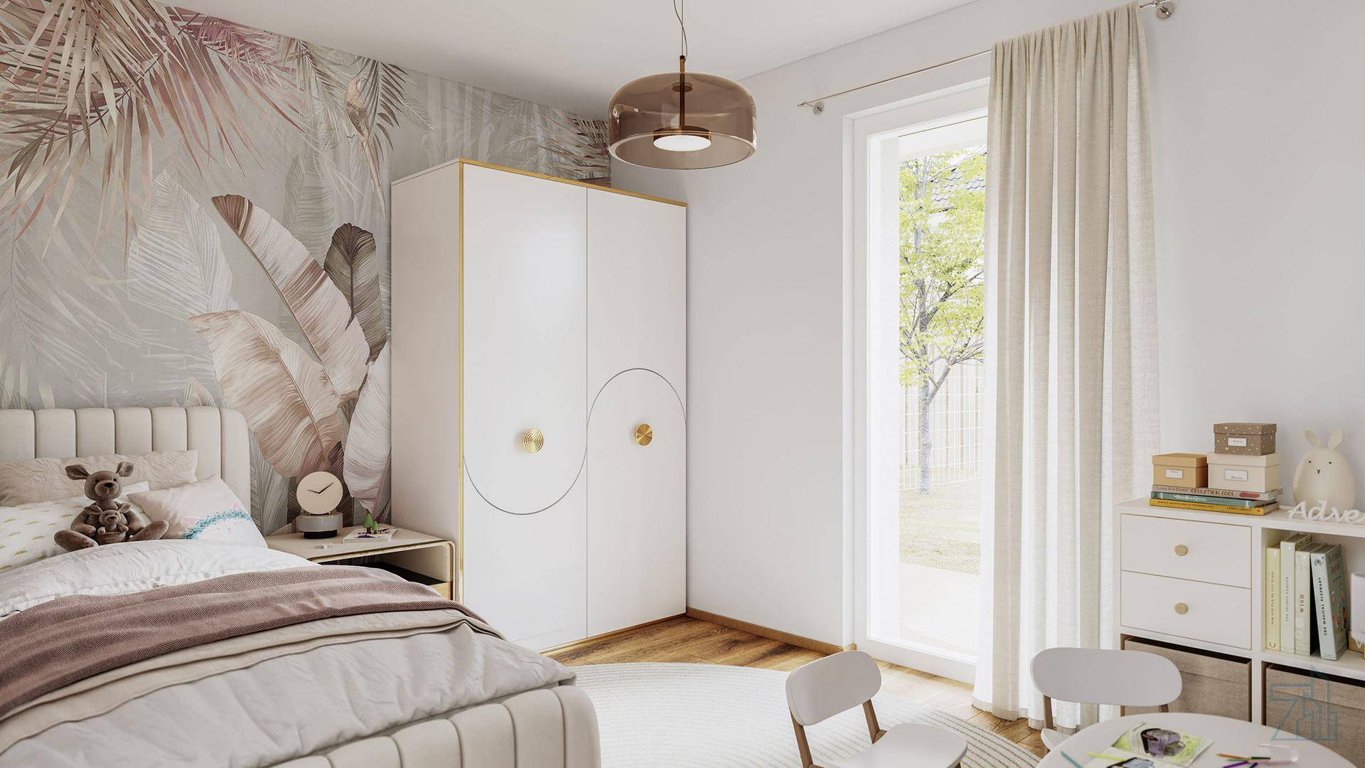Kinderzimmer mit floraler Tapete, Einzelbett und Zugang zum Garten.