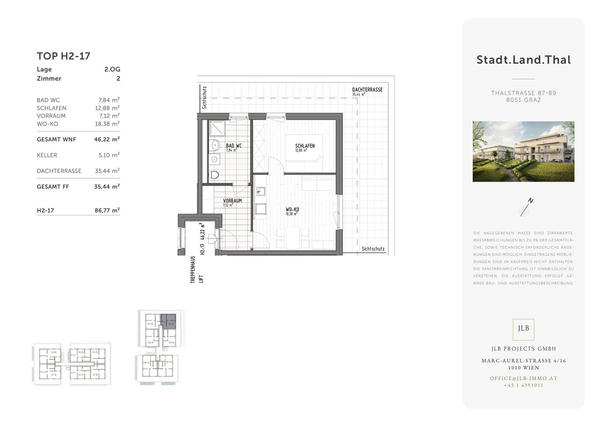 Grundriss der Wohnung H2-17 mit Dachterrasse, Schlafzimmer und offenem Wohnbereich.