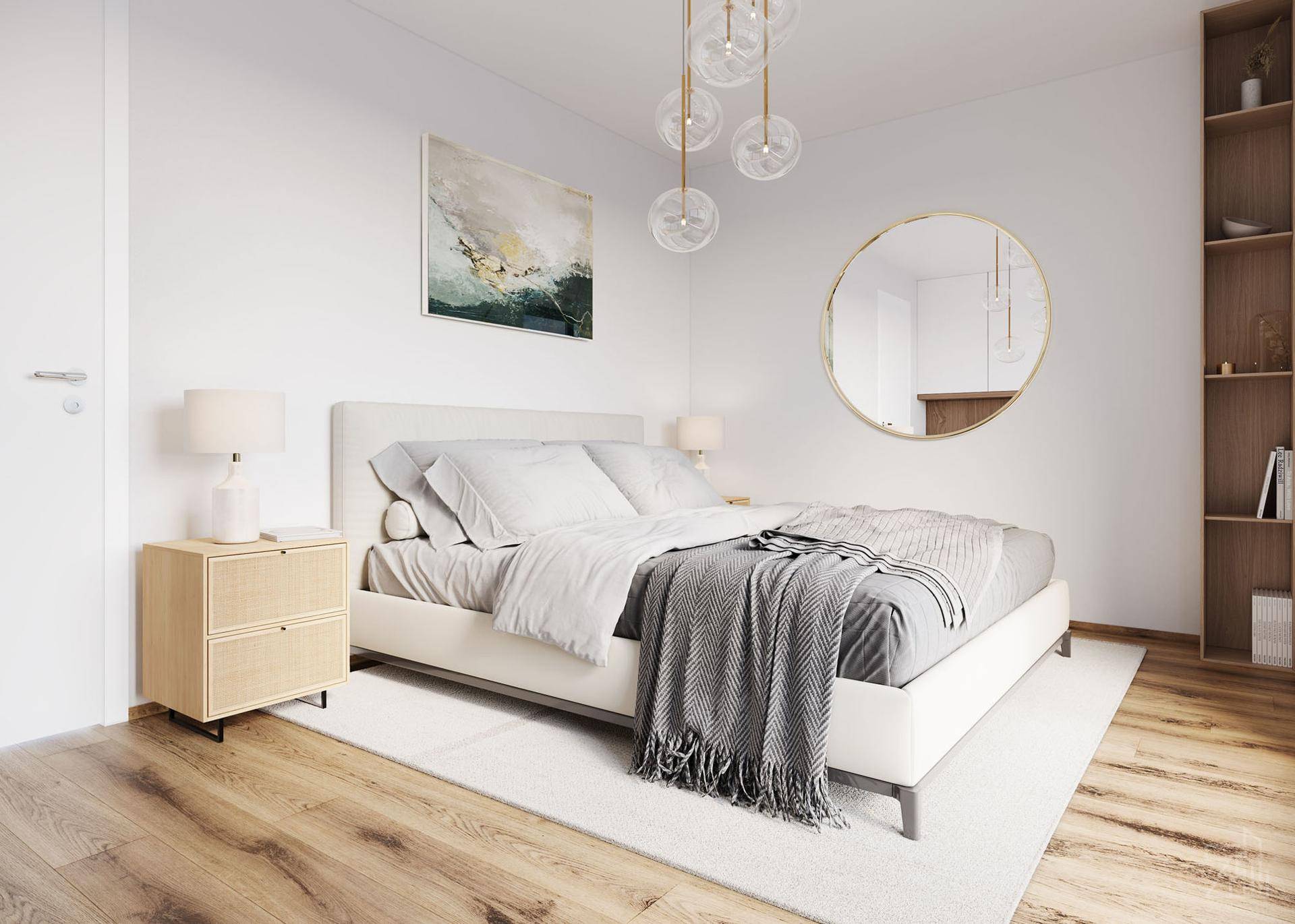 Helles Schlafzimmer mit Holzboden, modernem Bett, Nachttischen und stilvoller Beleuchtung.