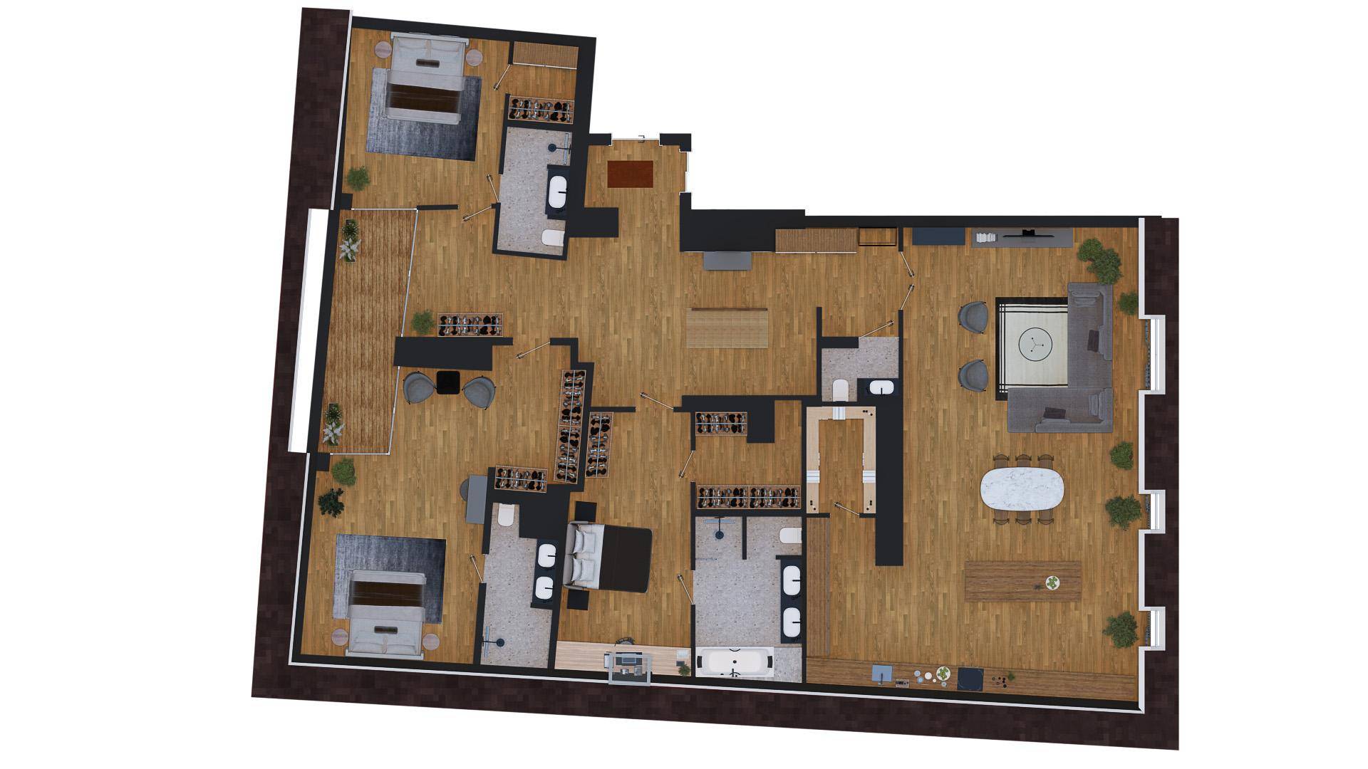 Detaillierter 3D-Grundriss einer Wohnung mit offenem Wohnbereich, mehreren Schlafzimmern und Bädern.