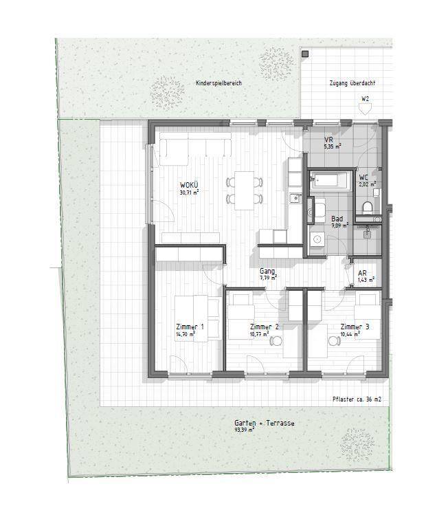 Grundriss einer Erdgeschosswohnung mit drei Zimmern, Bad, WC, Garten und Terrasse.