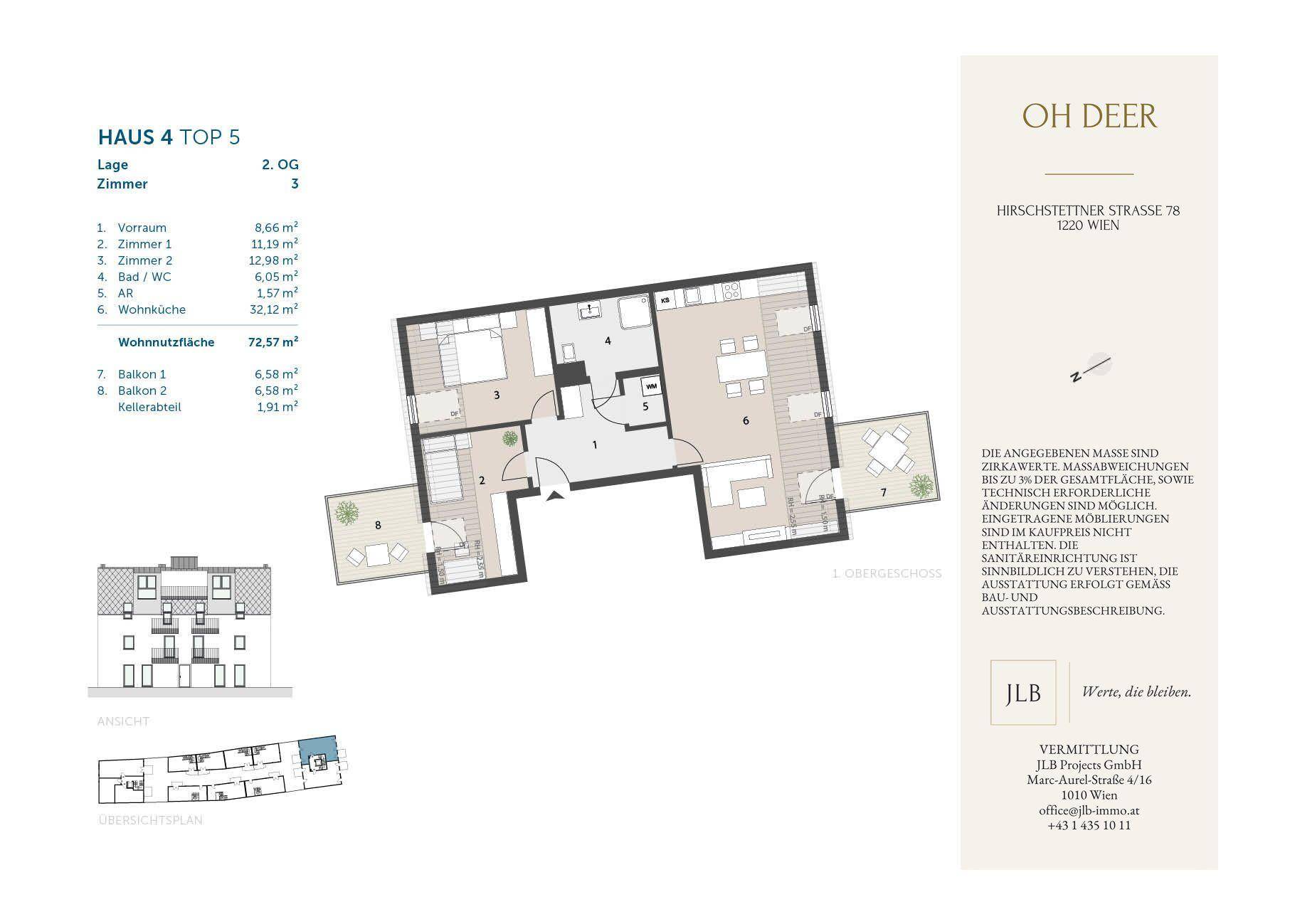 Grundriss der Wohnung Haus 4 Top 5 im 2. Obergeschoss mit zwei Balkonen und offener Wohnküche.