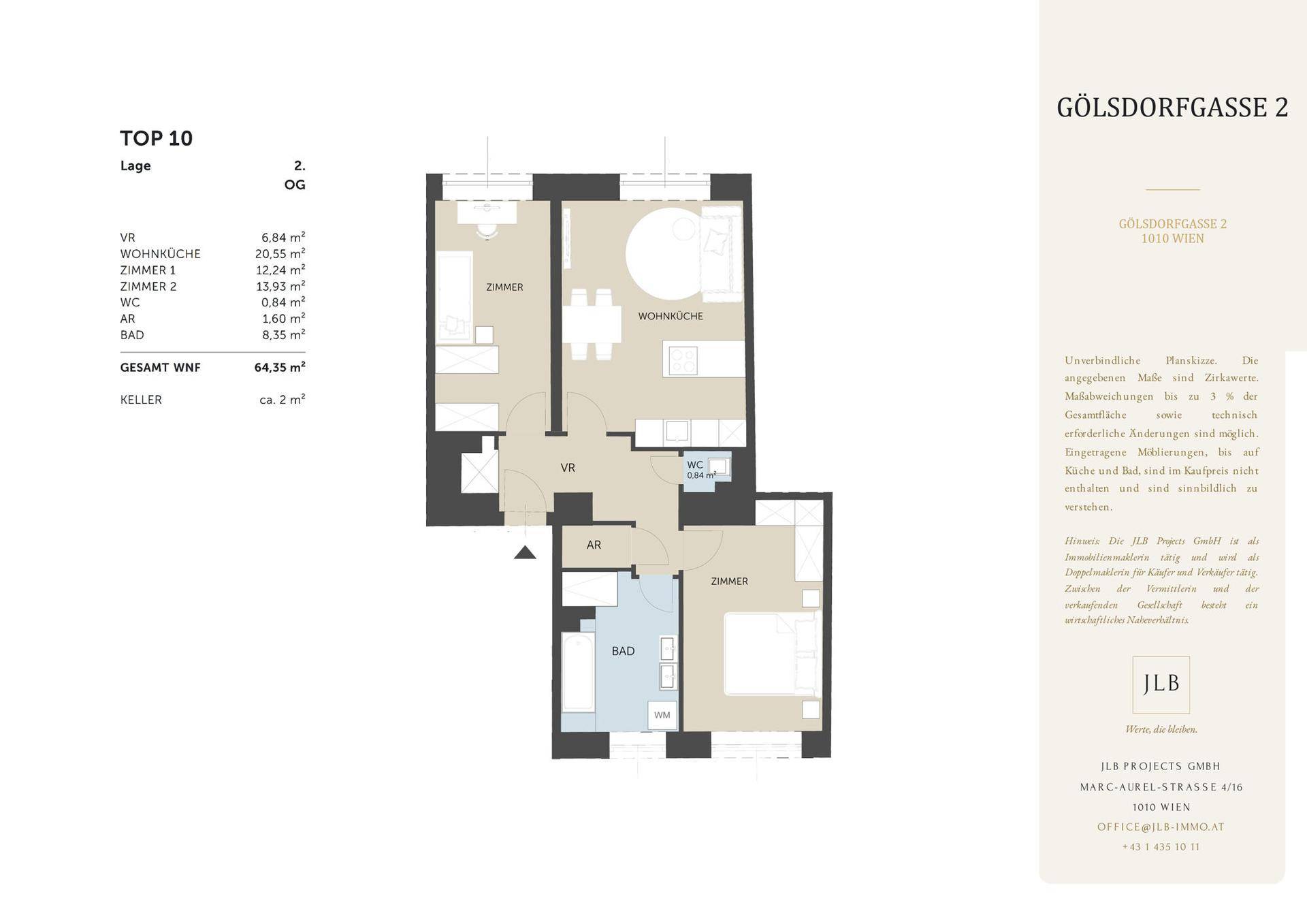 Übersichtlicher Grundriss der Wohnung TOP 10 mit zwei Schlafzimmern und separatem Bad und WC.