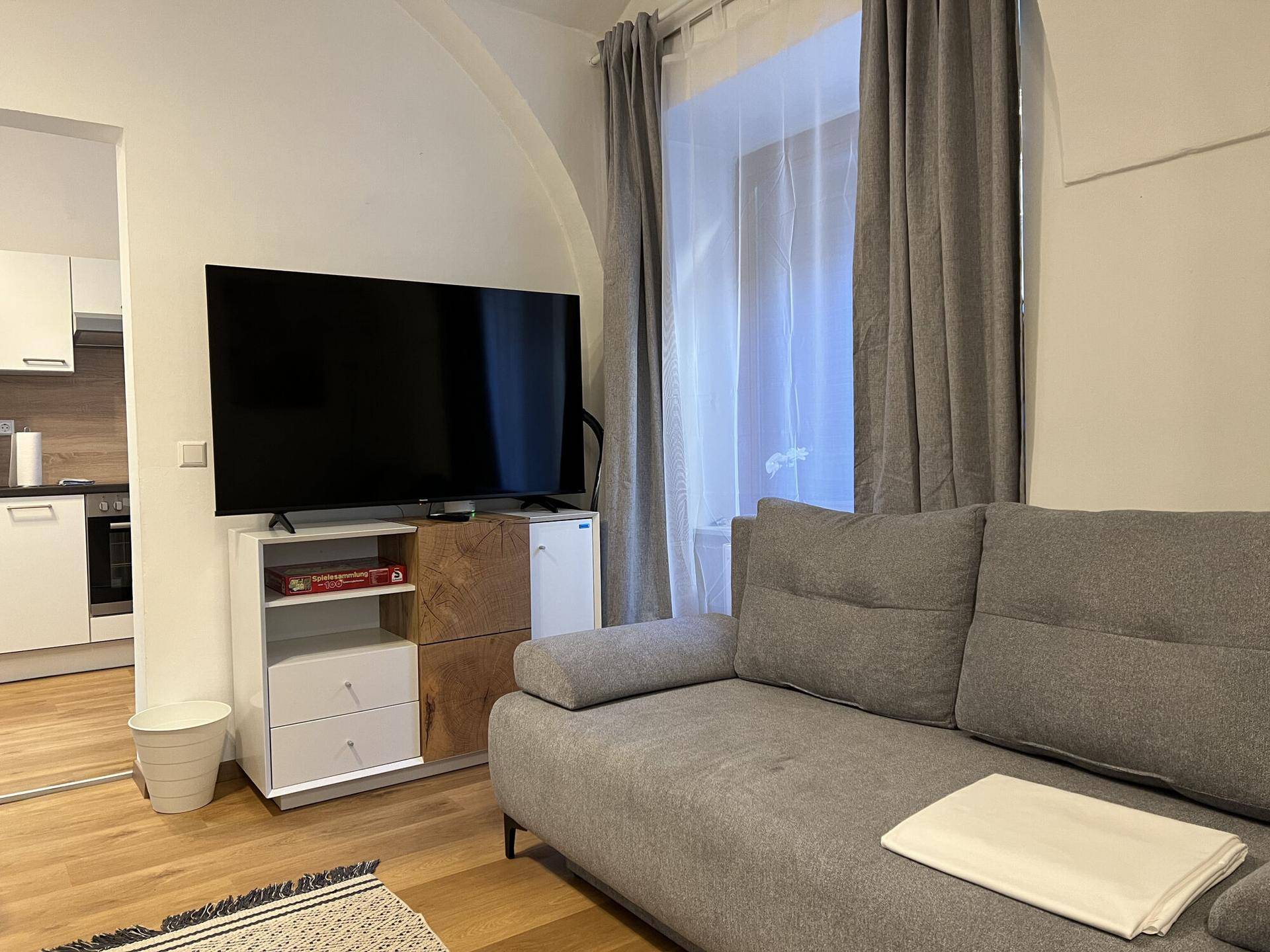 Wohnbereich mit Sofa, Fernseher und Blick auf die integrierte Küchenzeile.
