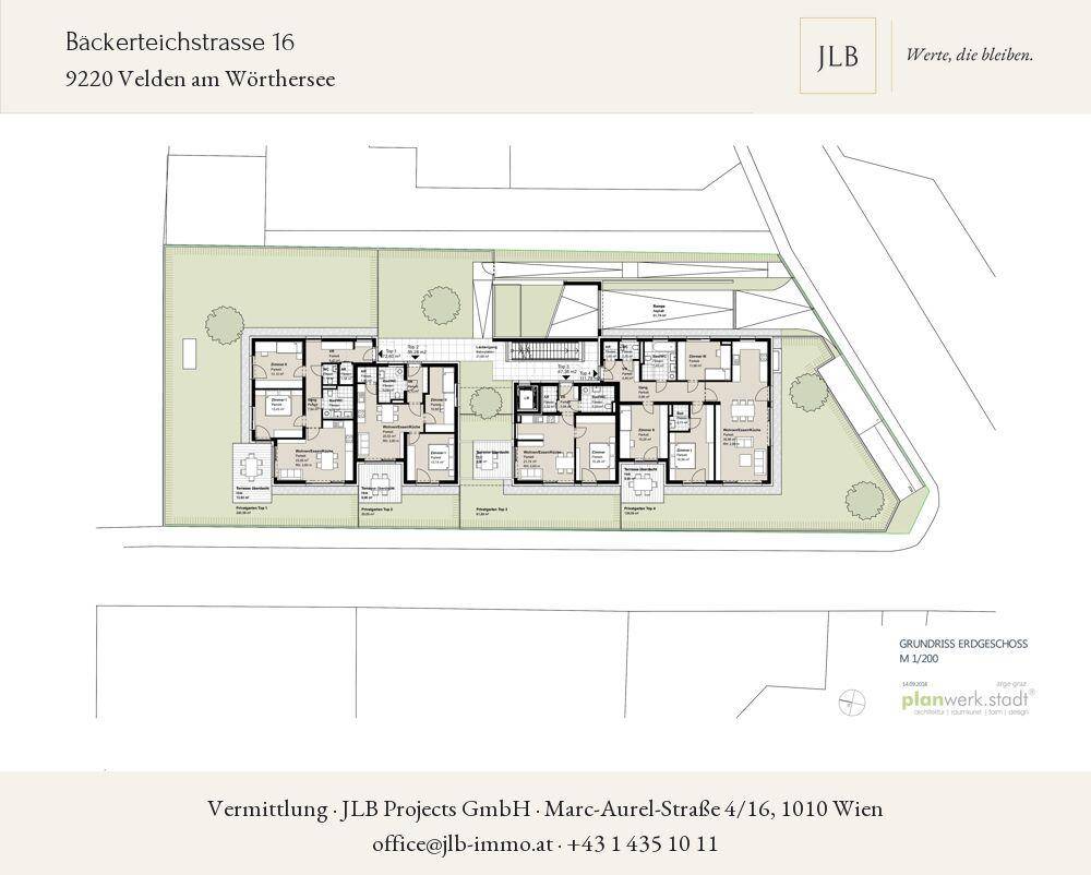 Grundrissplan des Erdgeschosses mit mehreren Wohneinheiten, jeweils mit Terrassen- und Gartenzugang.