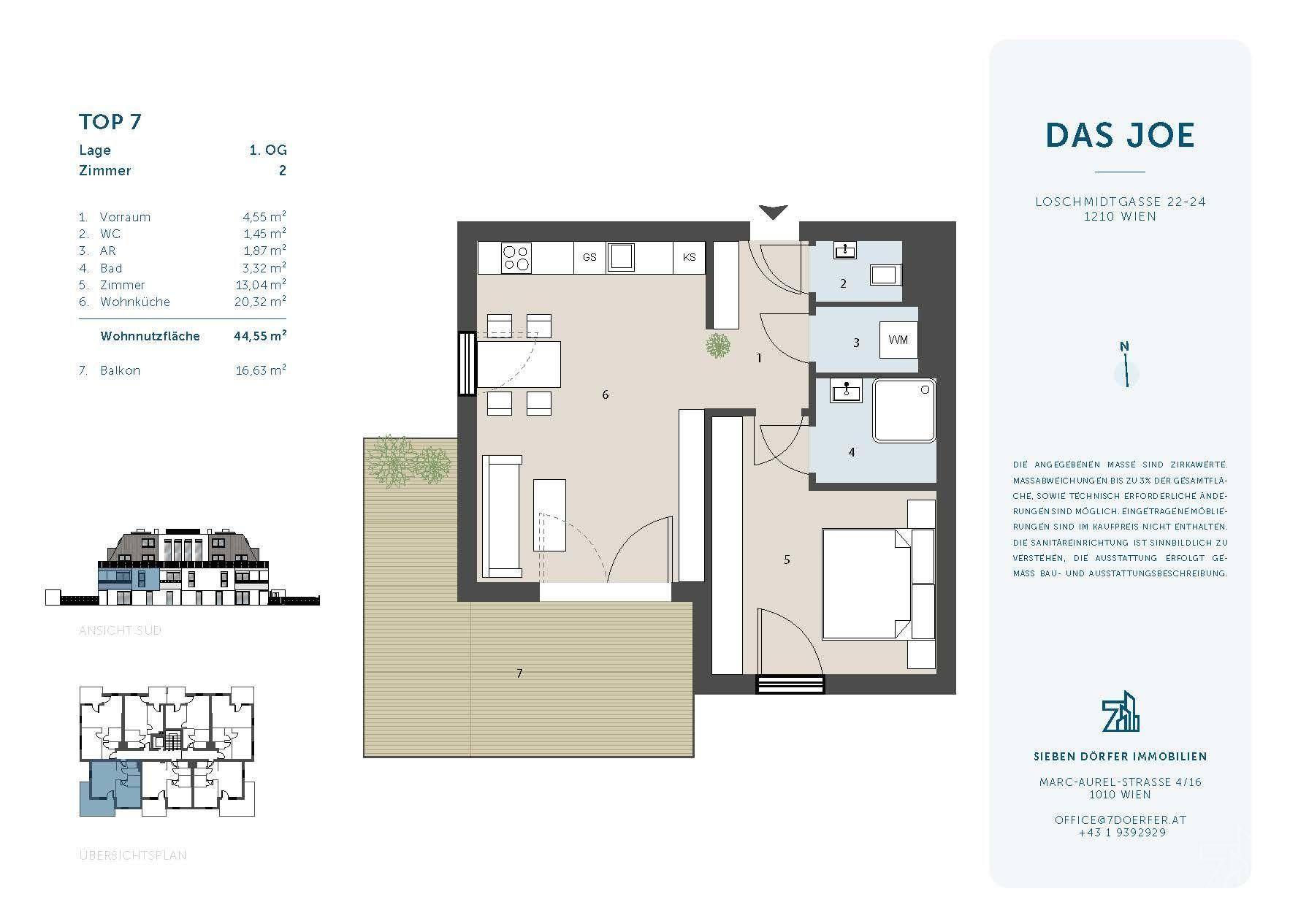 Grundriss der Wohnung TOP 7 im 1. Obergeschoss mit großem Balkon und offener Wohnküche.