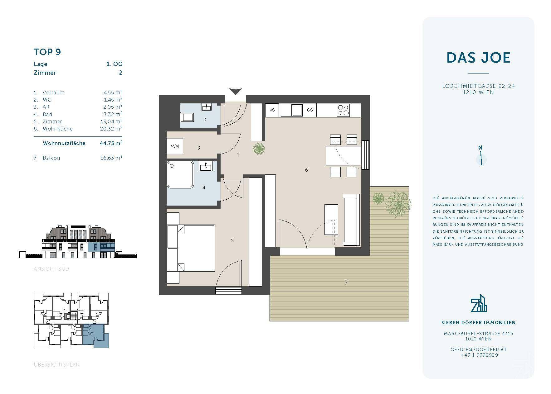 Grundriss der Wohnung TOP 9 im 1. Obergeschoss mit Balkon und offener Wohnküche.
