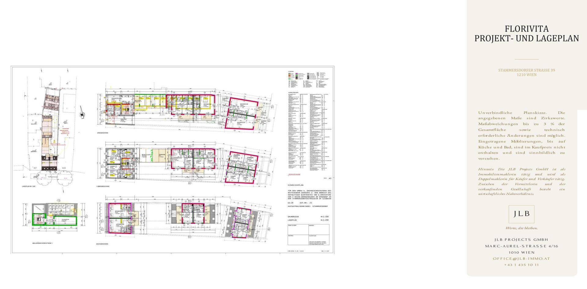 Übersichtlicher Projekt- und Lageplan mit verschiedenen Grundrissen, die offene Wohnbereiche, Balkone und Terrassen zeigen.