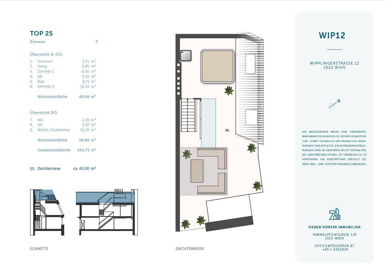 Grundriss der Dachterrasse mit Sitzbereichen und Bepflanzung.