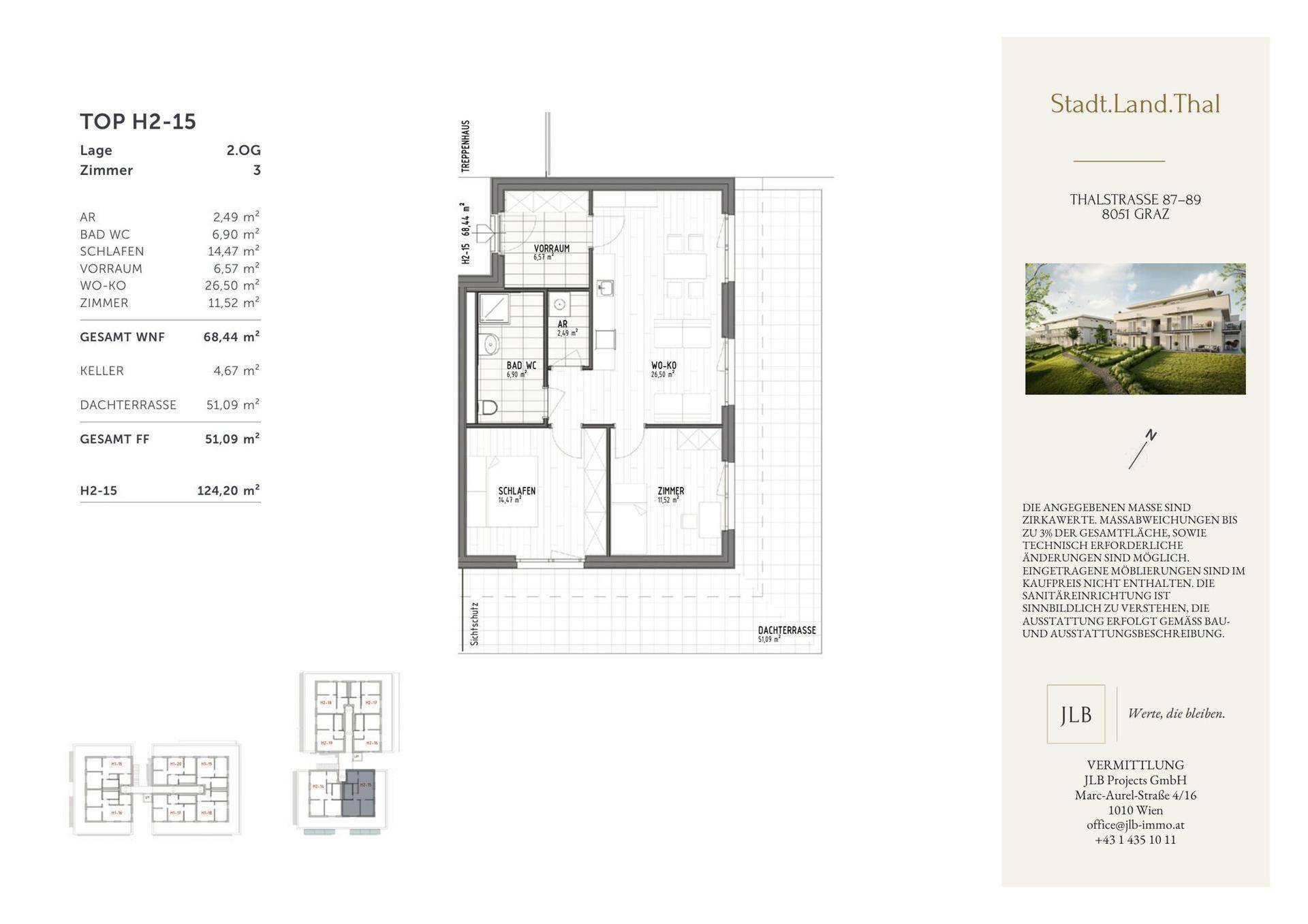 Grundriss einer 3-Zimmer-Wohnung im zweiten Obergeschoss mit einer Wohnfläche von 68,44 m² und großer Dachterrasse.