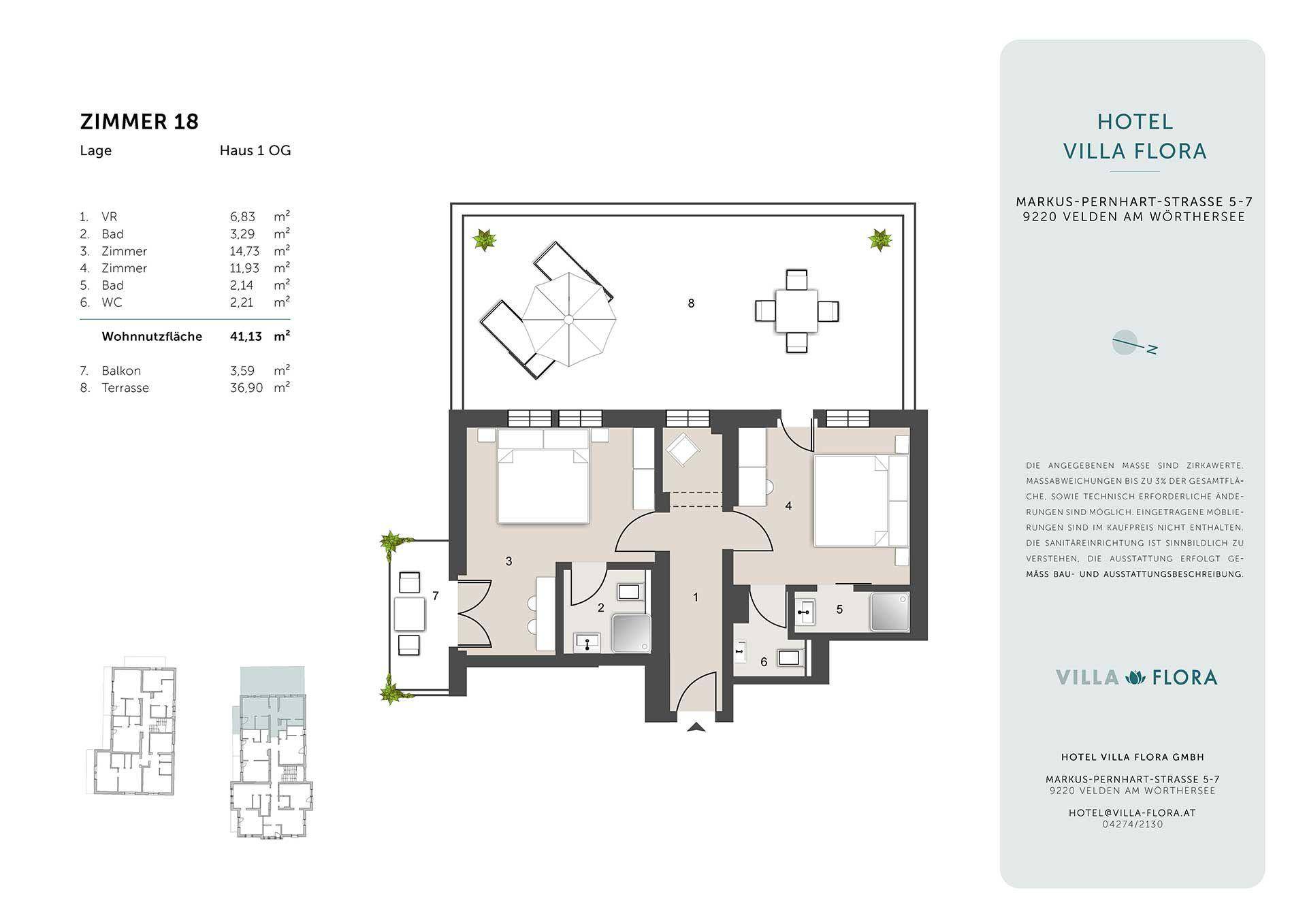 Grundriss für Zimmer 18 mit zwei Schlafzimmern, zwei Bädern, Balkon und großer Terrasse.