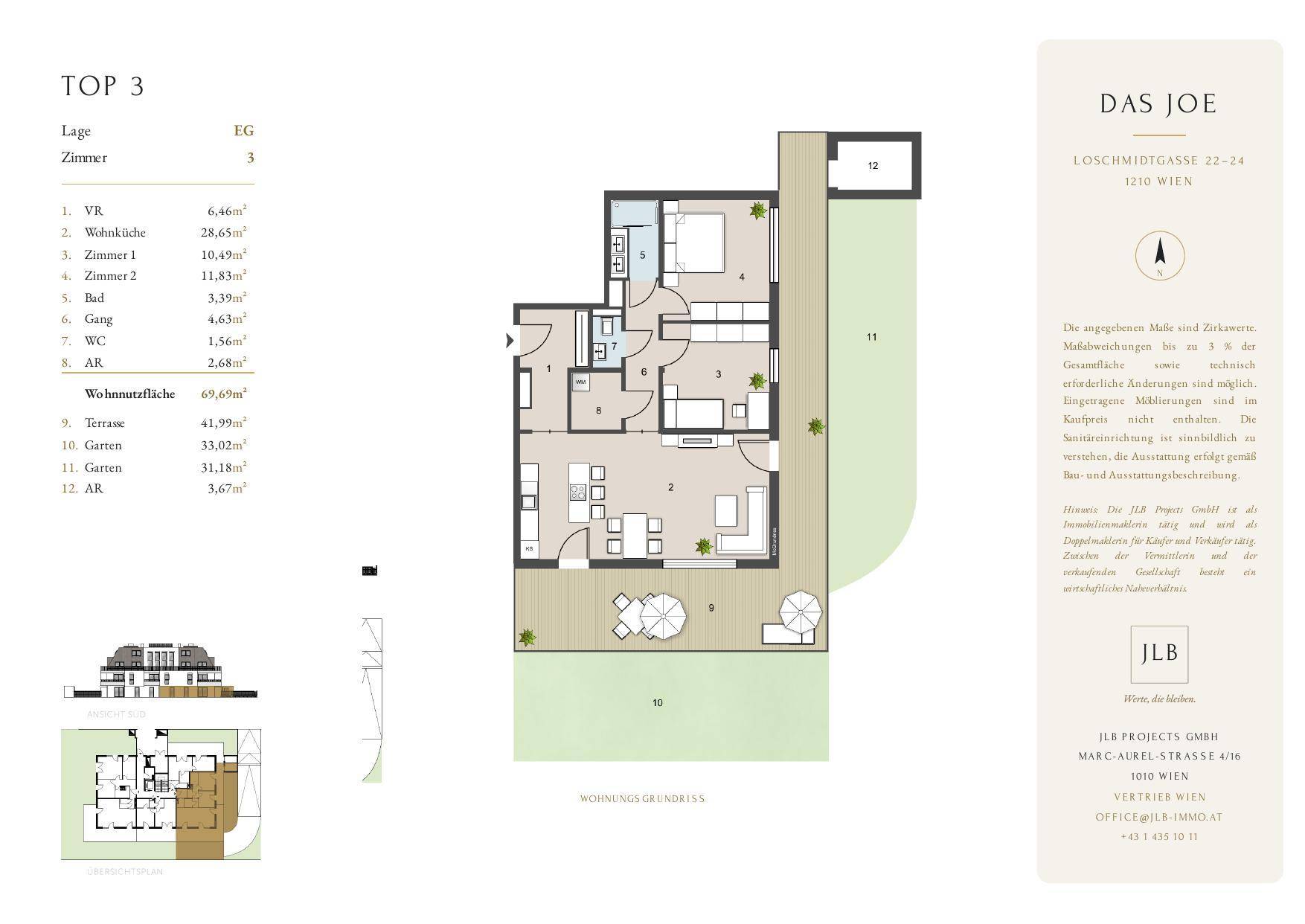Detaillierter Grundriss der Wohnung Top 3 mit Wohnbereich, Schlafzimmer und Zugang zu Terrasse und Garten.