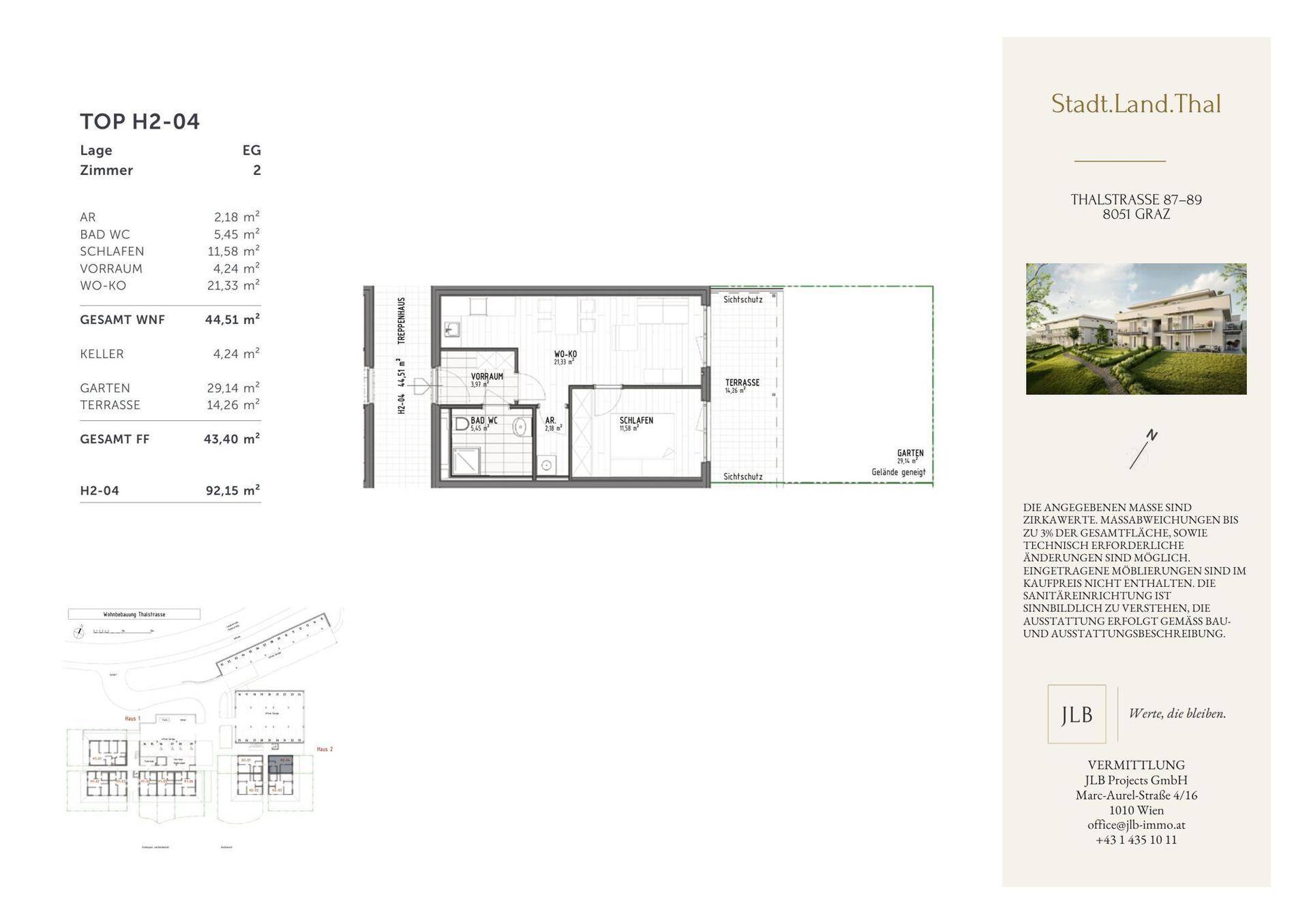 Grundriss der Einheit H2-04 mit offenem Wohnbereich, Schlafzimmer, Bad, Terrasse und Gartenanteil.