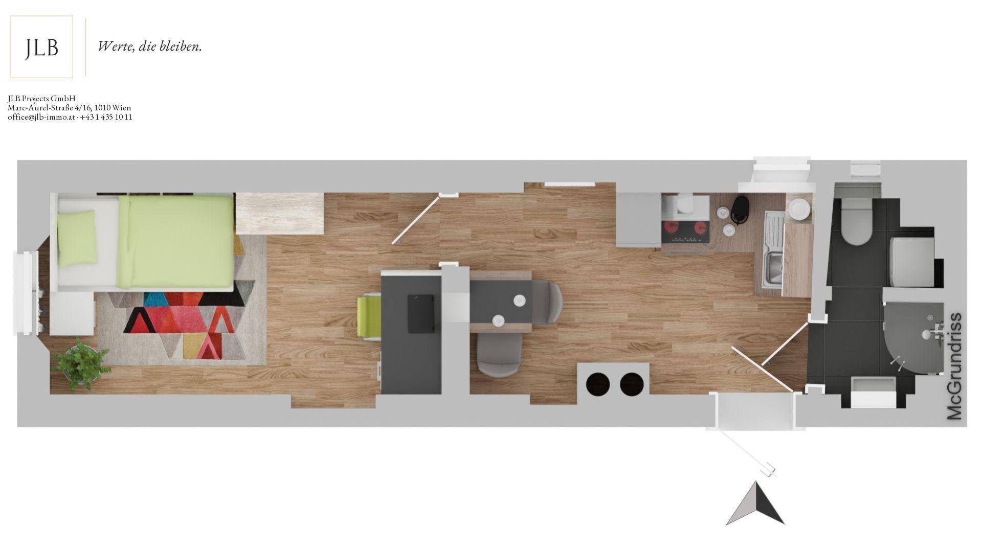 Langer, schmaler Grundriss einer Wohnung mit offenem Wohn-/Schlafbereich, Küche und Badezimmer.