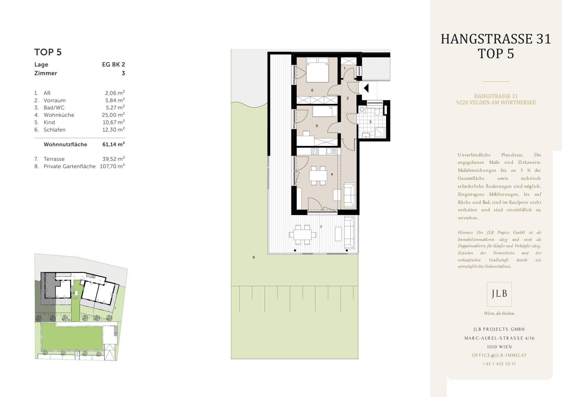 Grundriss einer 3-Zimmer-Wohnung mit offener Wohnküche, Schlafzimmer, Kinderzimmer, Bad, separatem WC, Terrasse und Garten.