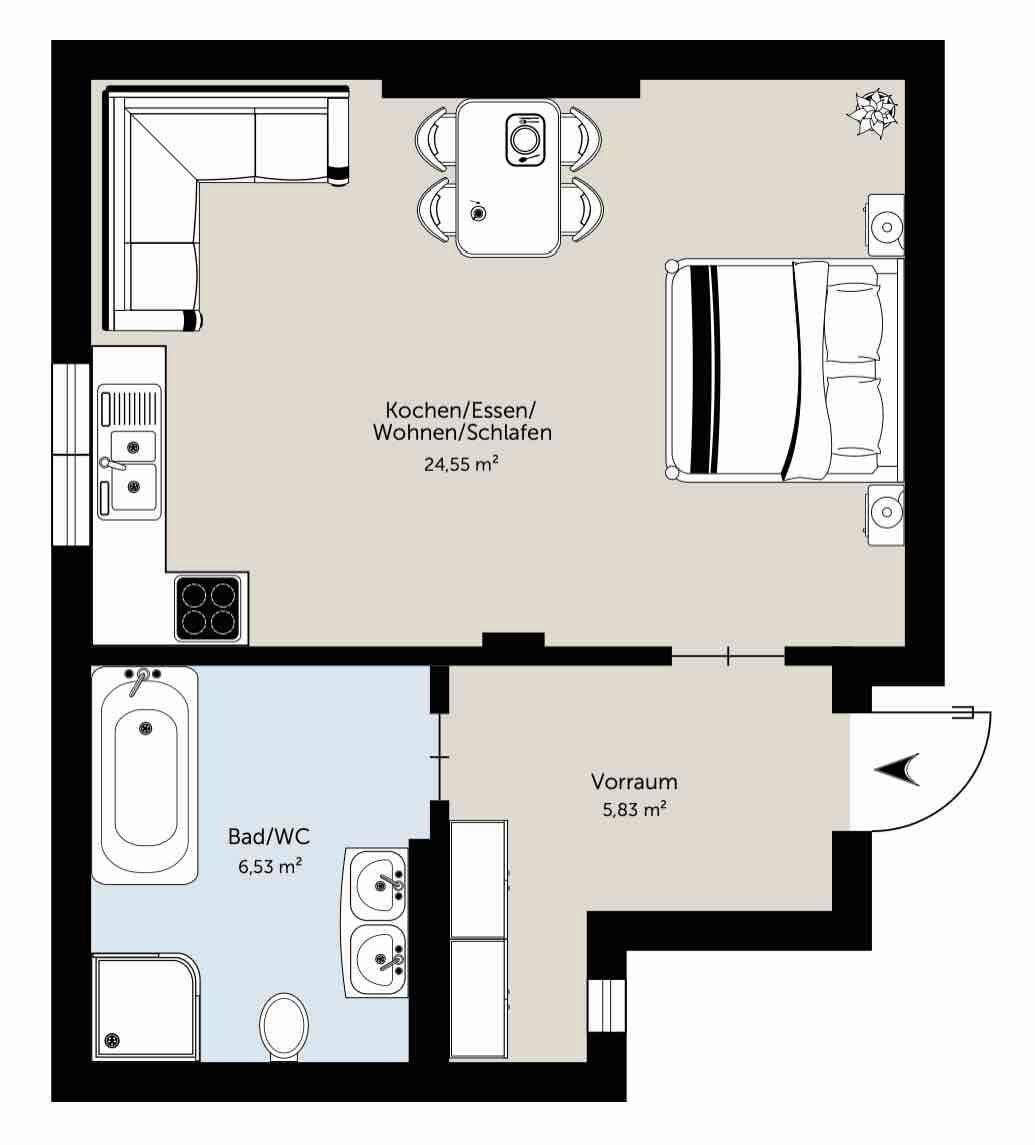 Grundriss einer Wohnung mit offenem Wohn-, Ess- und Schlafbereich sowie separatem Bad.