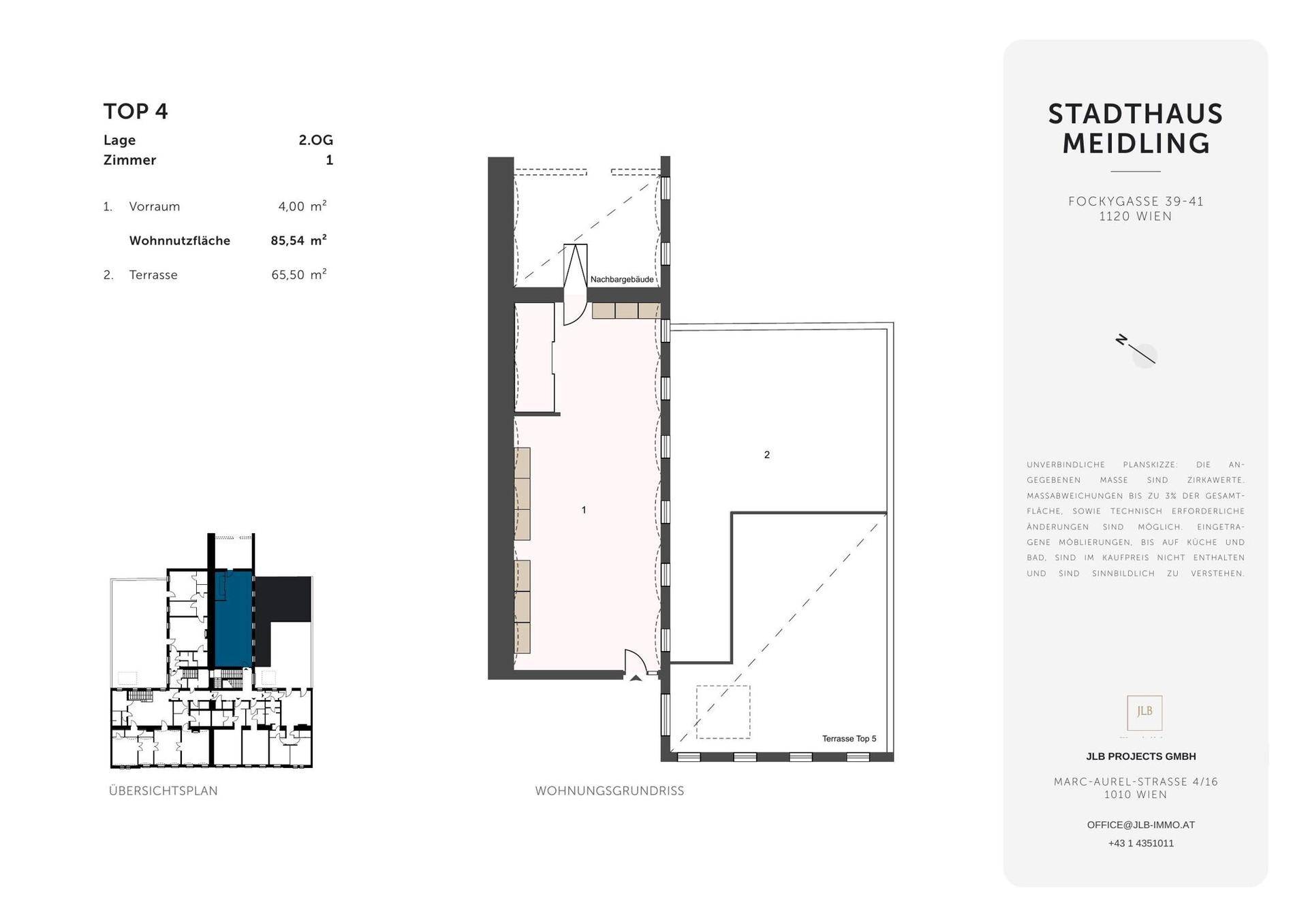 Grundriss der Wohnung Top 4 mit einem Vorraum, Wohnnutzfläche und großer Terrasse im zweiten Obergeschoss.