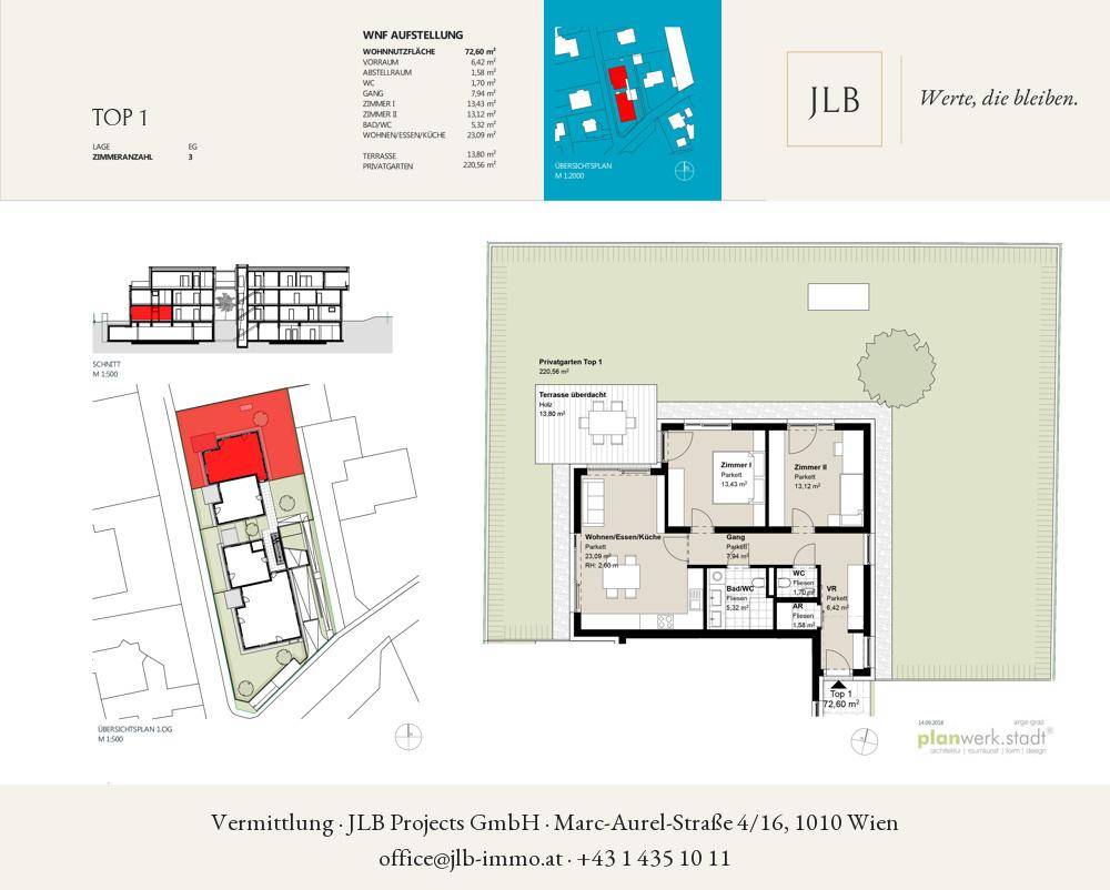 Detaillierter Grundriss der Wohneinheit TOP 1 mit offener Wohnküche, Terrasse und privatem Gartenanteil.