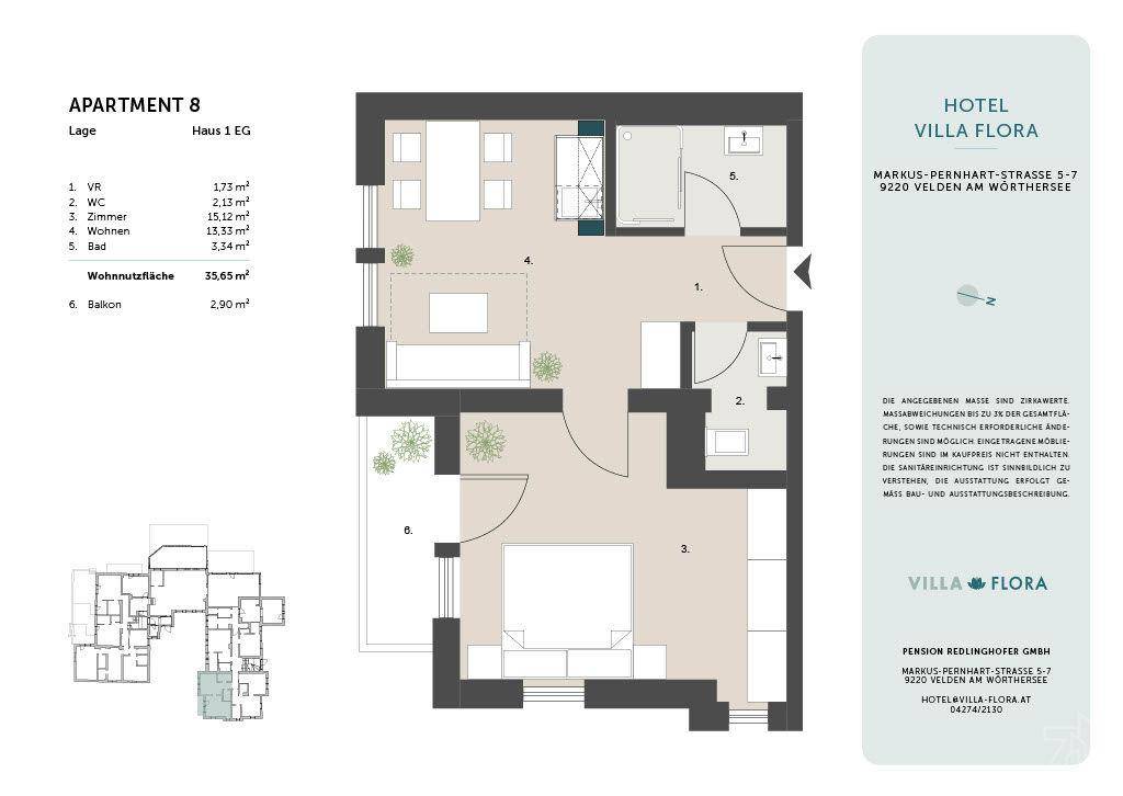 Grundriss der Wohnung 8 im Erdgeschoss mit Wohnfläche von 35,65 m² und Balkon.