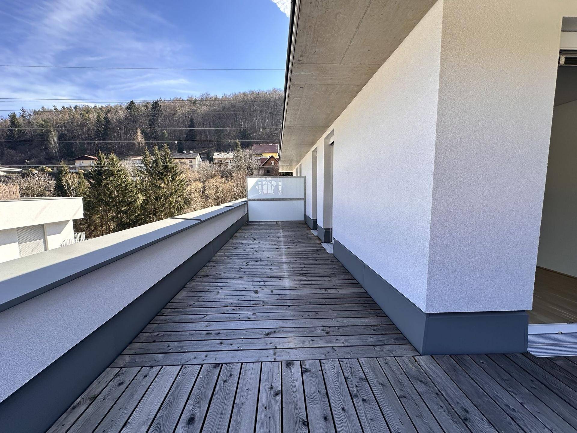 Lange Dachterrasse mit Holzboden und weitem Blick auf die grüne Umgebung und Häuser.